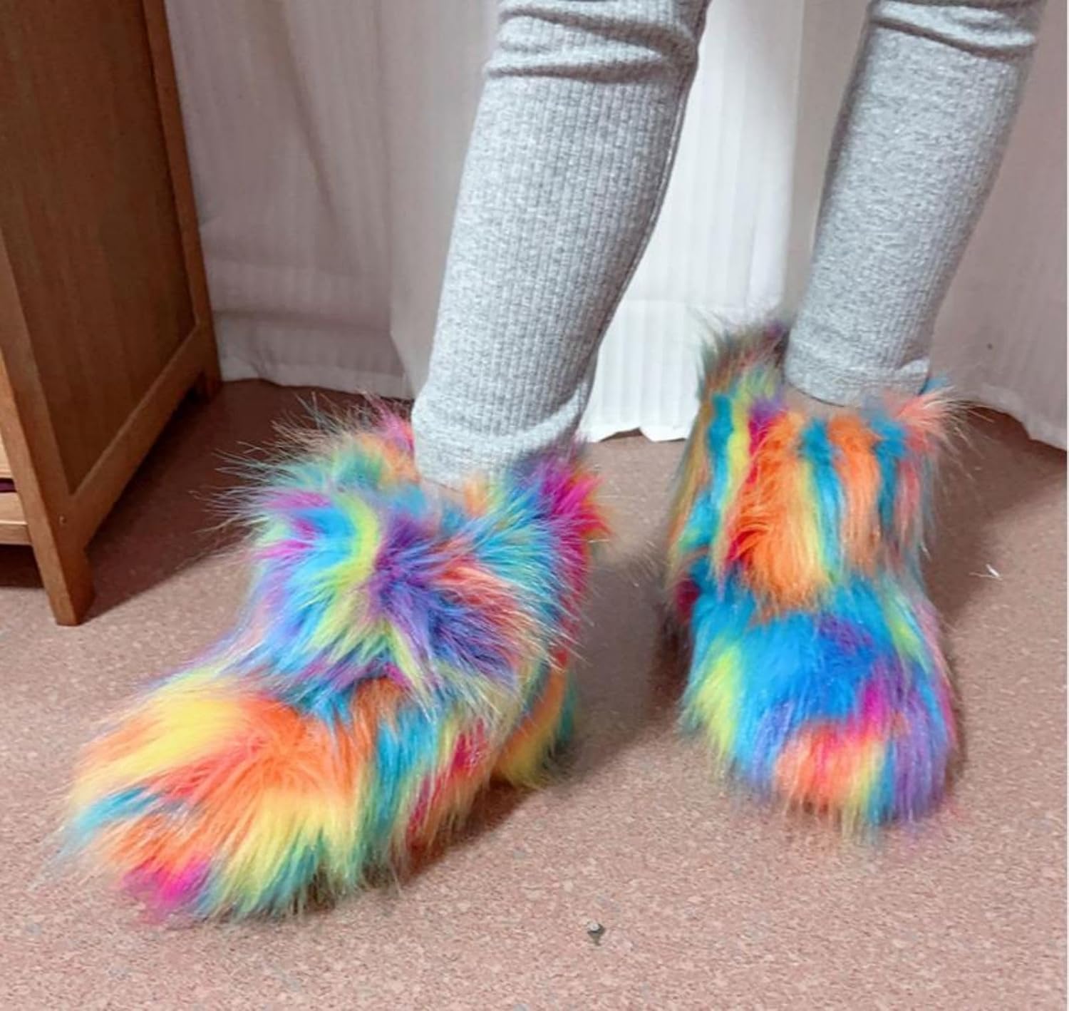 Girls Faux Fur Mid-Calf Snow Boot Winter Warm Furry Fluffy Shoes