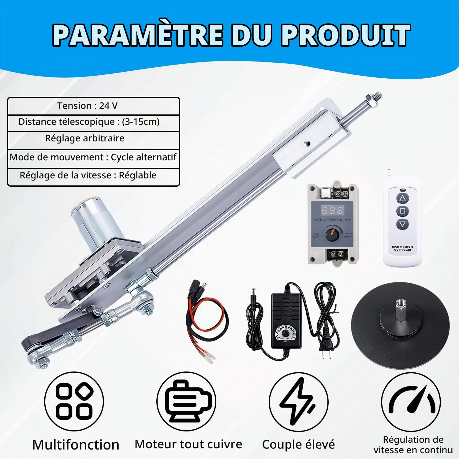Actionneur Linéaire Alternatif, Actionneur Linéaire DC 24 V, 120 tr/min | Moteur Alternatif à Monter Soi-même, Course 3-15cm, Actionneur Linéaire avec Variateur de Vitesse, Ventouse et Régulateur