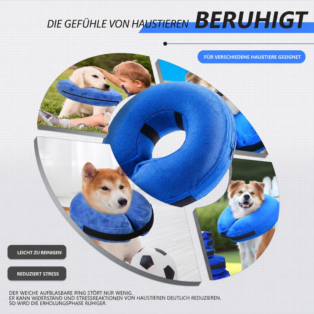 Aufblasbare Halskrause Hund, Weicher Schutzkragen, Blau L | Hunde mit einem Halsumfang von 38-50cm, Weicher Donut-Kragen mit Freier Sicht, Waschbarem Bezug und Verstellbarer Passform
