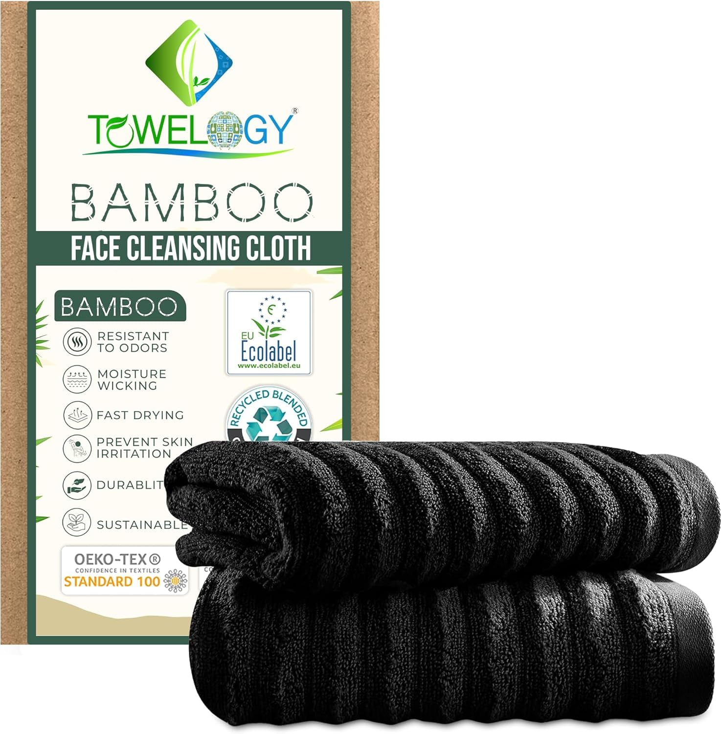 Towelogy® Bamboo Face Cloths 2 Pack Super Soft Ribbed Flannel for Washing Face Premium Bamboo & Cotton Blend Perfect for Babies & Adults Bamboo Washcloths Set 30x30cm (Black)