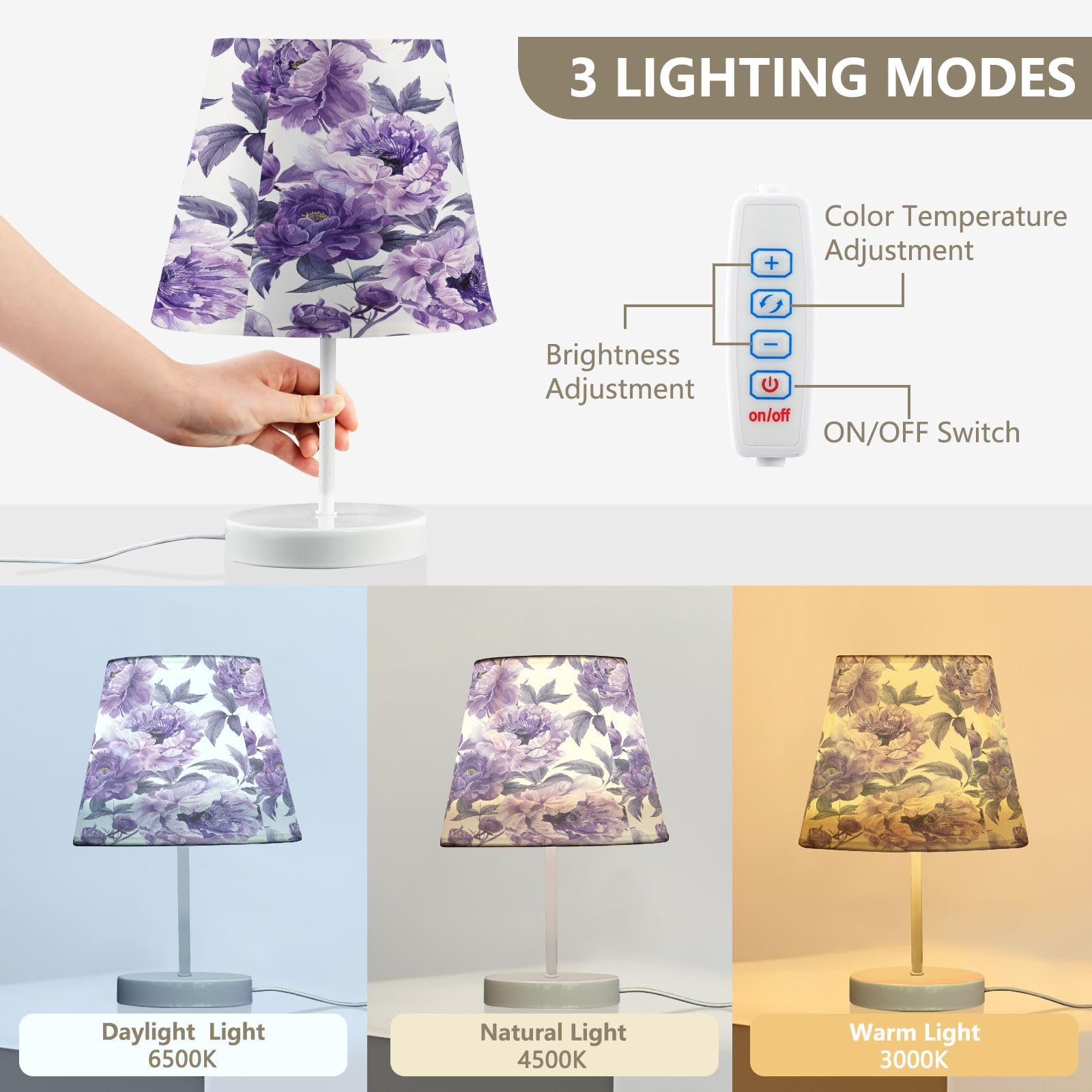 ALAZA Samll Tischlampe mit Stoffschirm für Zuhause, Büro, Restaurant, dimmbar, für Schlafzimmer, Schreibtischlampe, Nachttischlampe mit USB-Anschluss, Violett und Lila, Weiß