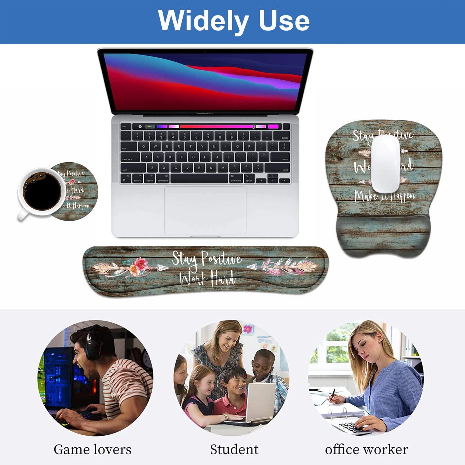 Mouse Pad Wrist Support and Keyboard Wrist Rest Set with Coasters, Inspirational Quote Stay Positive Work Hard and Make It Happen Non-Slip PU Base Ergonomic Mousepad for Home Office Working Studying