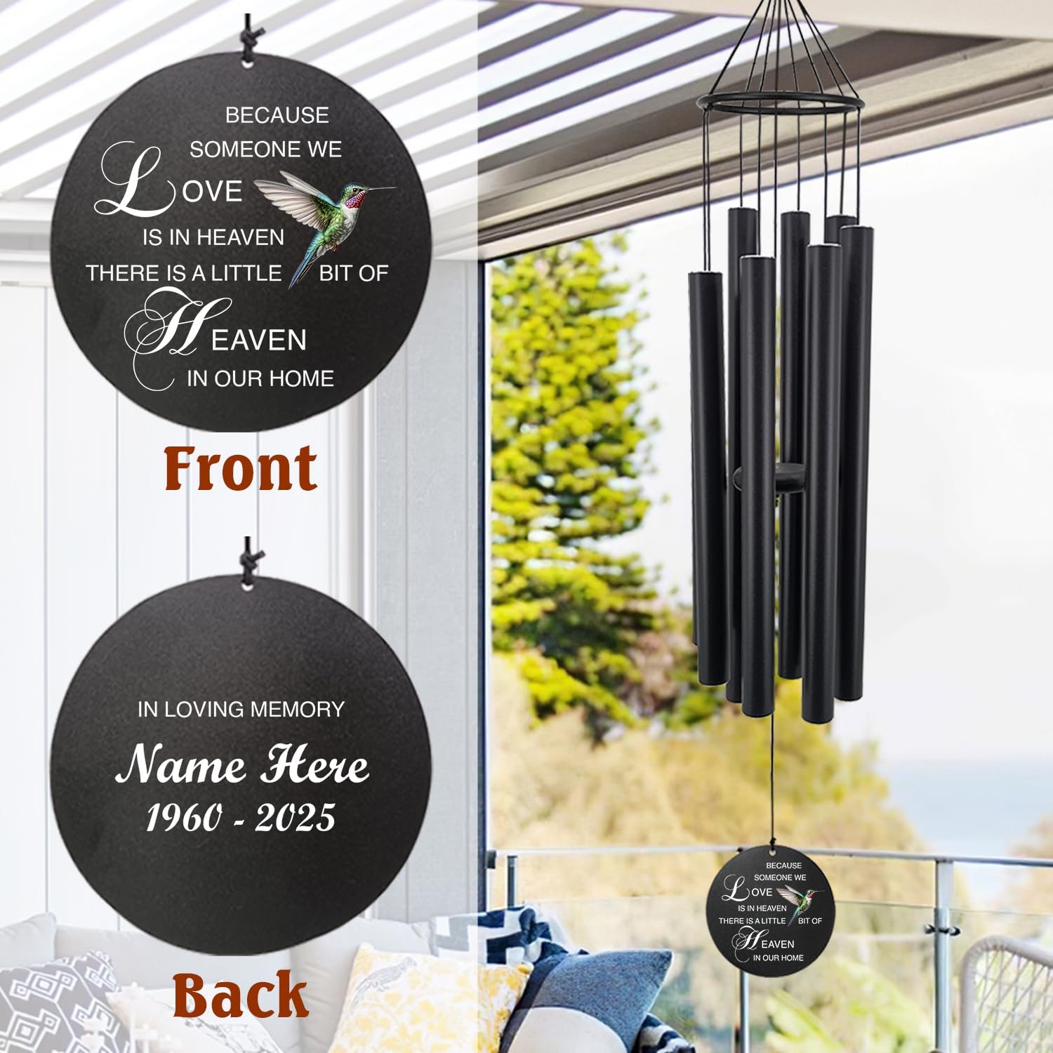 Personalized Hummingbird Wind Chimes, 36inch Sympathy Gifts, Custom Wind Chime for Loss of Loved Dad/Mom/Lover, in Memory of Wind Chimes for Condolences (Produced in USA)