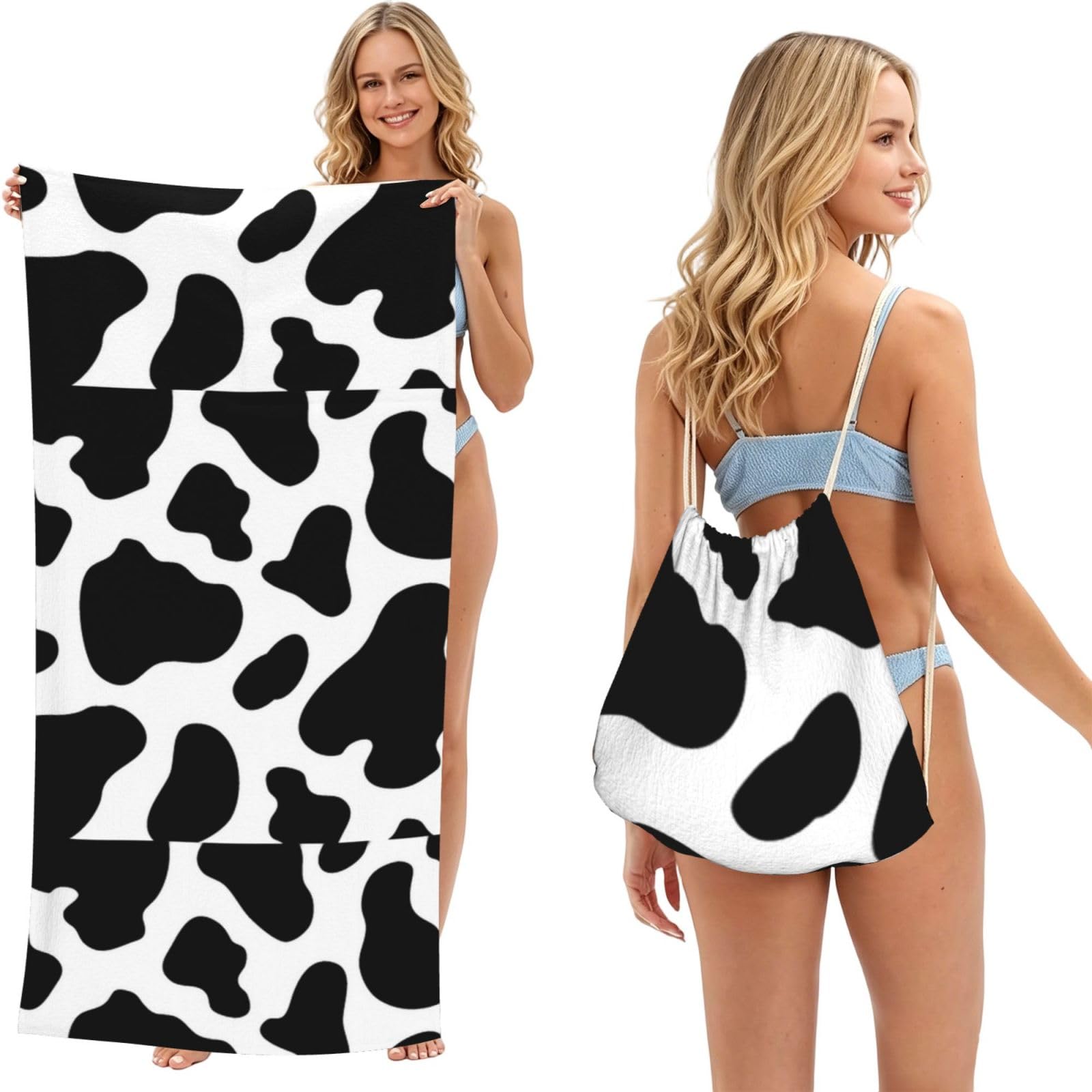 Poadnly As Picture Cow Spot, 2 In 1 Packable Towel Bag, Beach Towels With Drawstring Backpack For Travel Holiday Camping