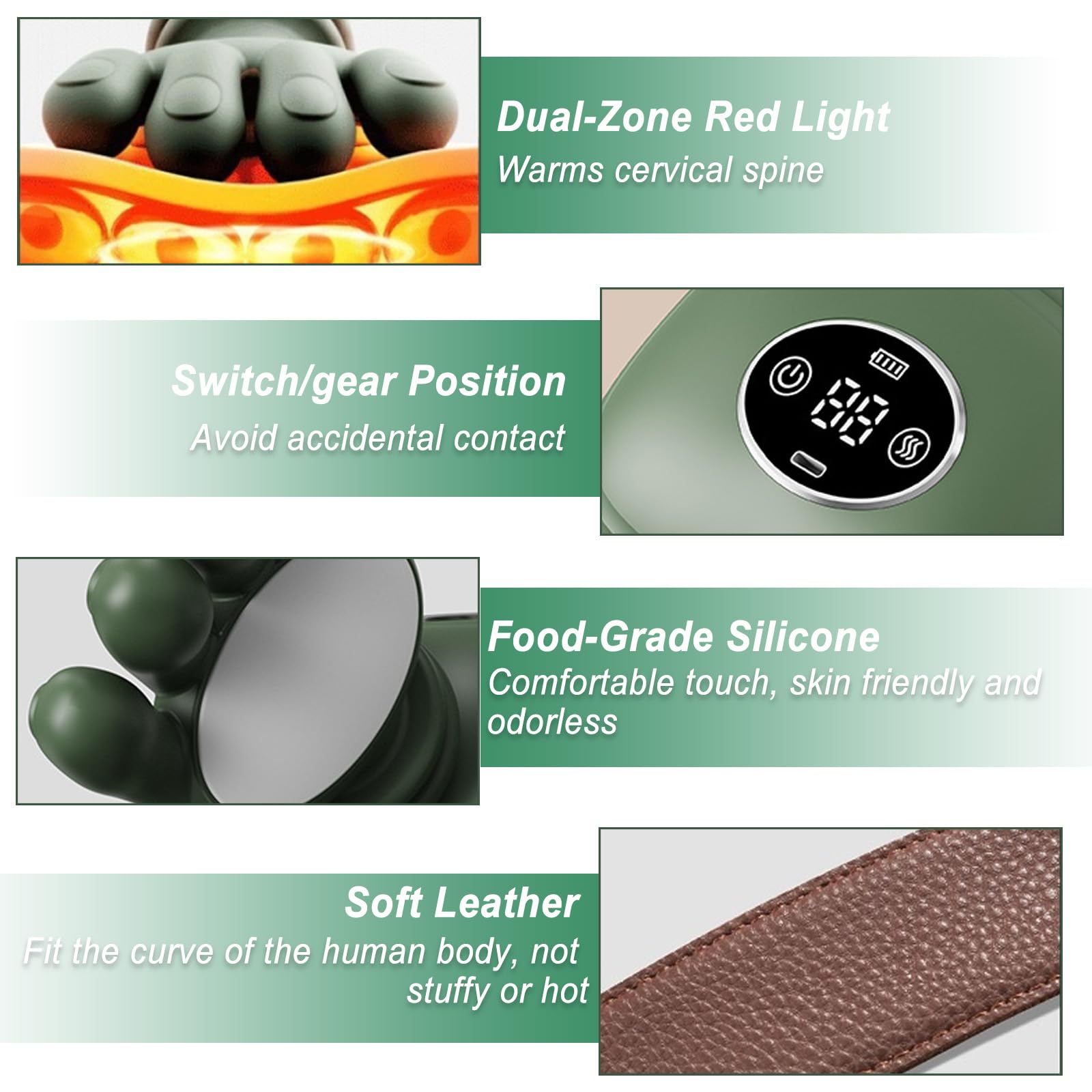 Masajeador de Cuello 4D Inalambrico, Masajeador Cervical y Espalda con Calor, Masajeador Cuello Eléctrico a Mano Biónica con 3 Niveles de Intensidad, para Relajar Músculos, Verde
