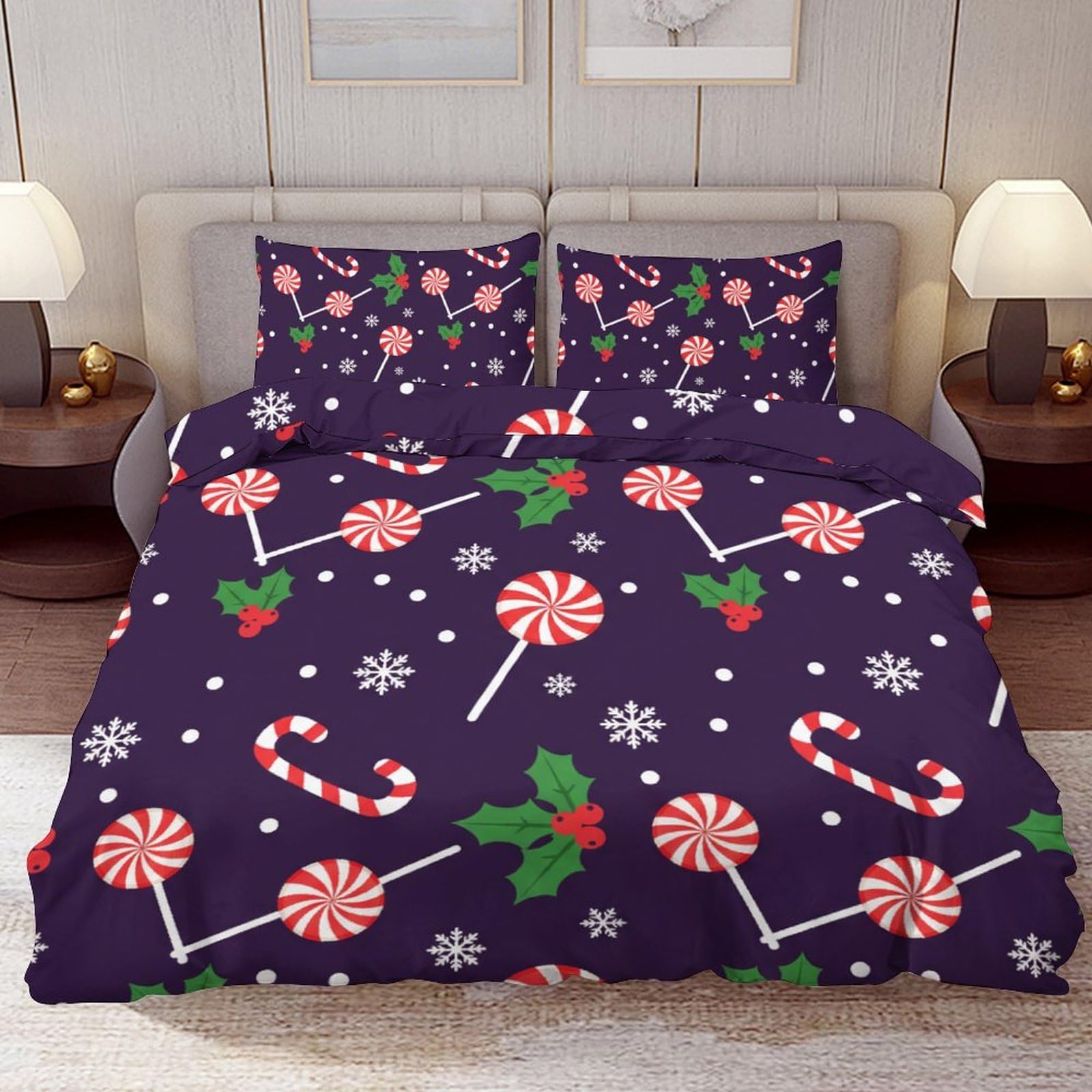 Delerain Comforter Cover Set Queen Size, Christmas Candy and Holly 3-Piece Bedding Set for Women Men Modern Soft Microfiber Bedroom Set Room Decor, 1 Duvet Cover + 2 Pillowcases