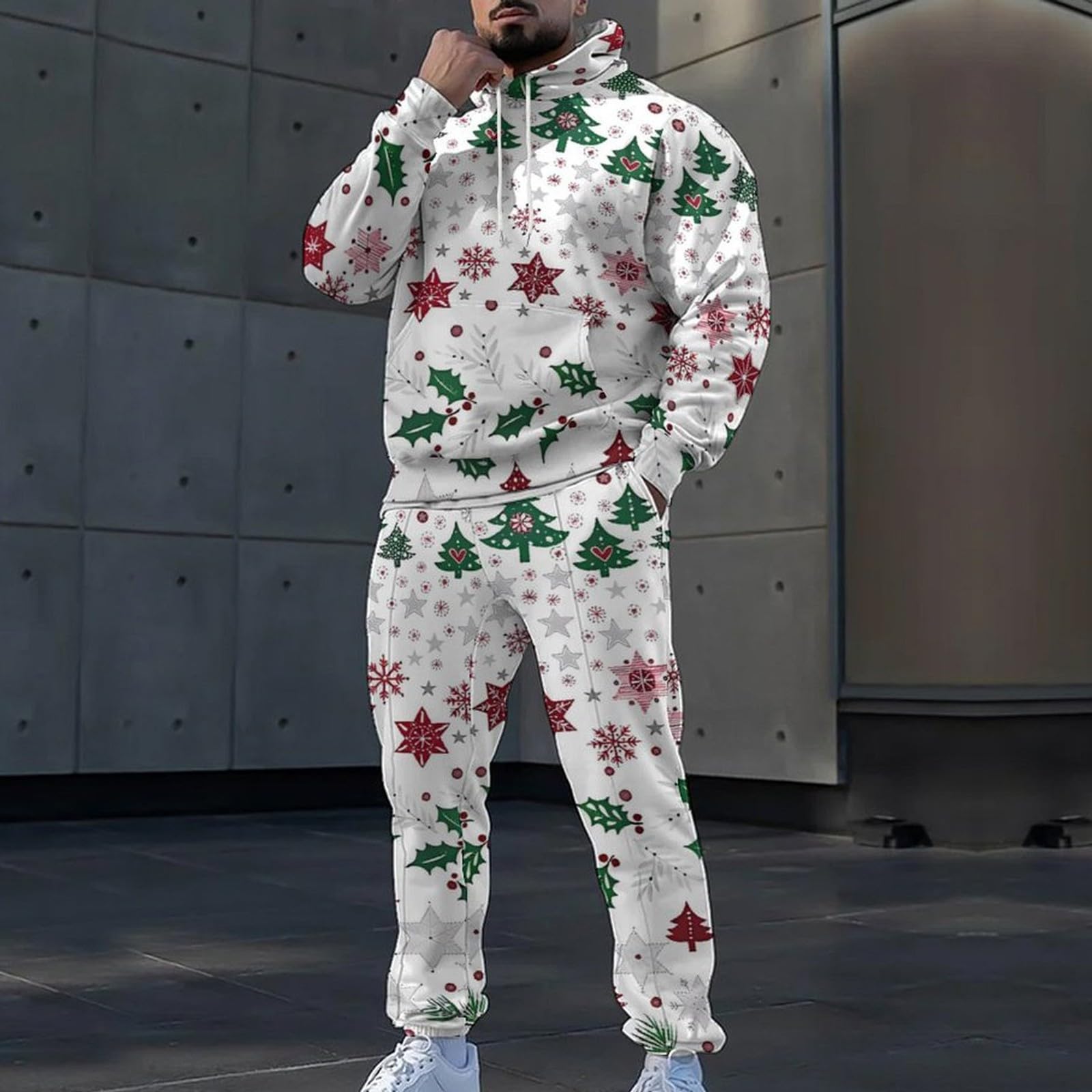 Conjunto de 2 piezas de Navidad para hombre, divertidos trajes de copo de nieve y renos, sudadera de manga larga con capucha y pantalones deportivos, conjuntos de correr, para vacaciones, deportes