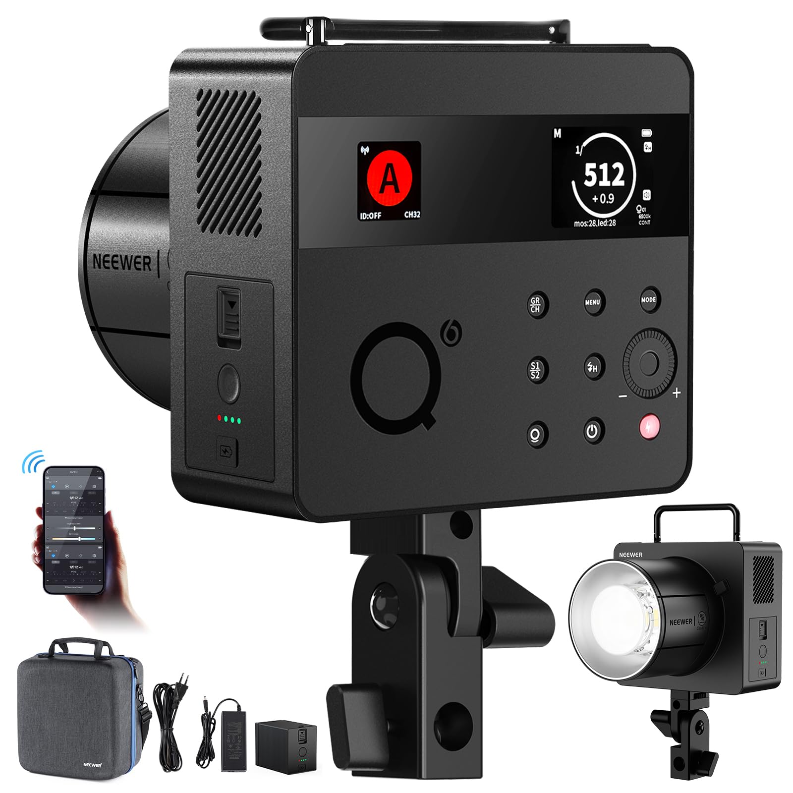 NEEWER Q6 600Ws 2,4GHz TTL Flash Studio extérieur avec app contrôle,Compatible avec Godox,Vitesses d'obturation 1/1 à 1/512,1/8000 HSS,Lampe Pilote LED Bicolore 30W,Temps Recharge de 0,01 à 0,9s