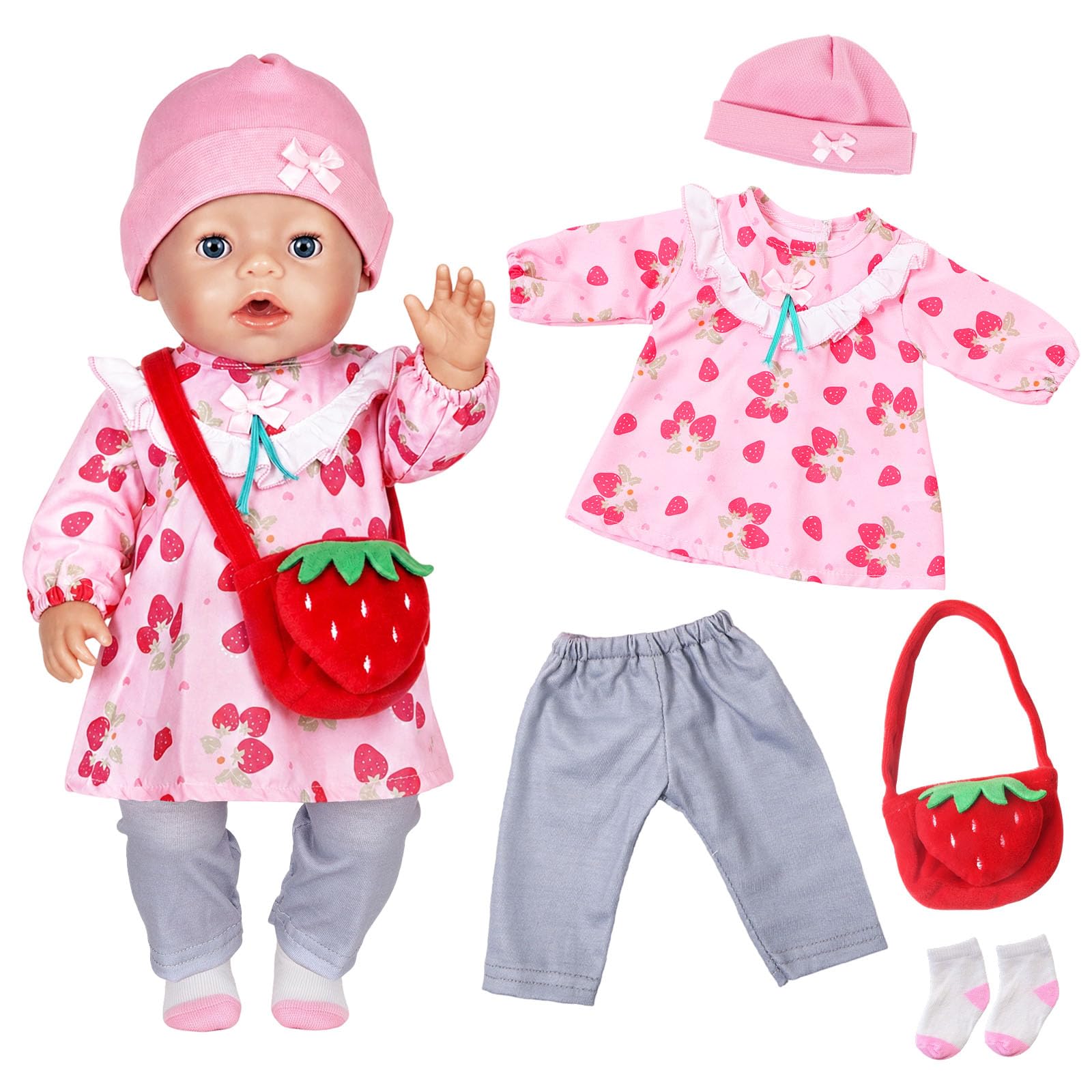 5 Pcs Baby Doll Clothes 14-17 inch, Pink Strawberries Dolls Clothes Outfits