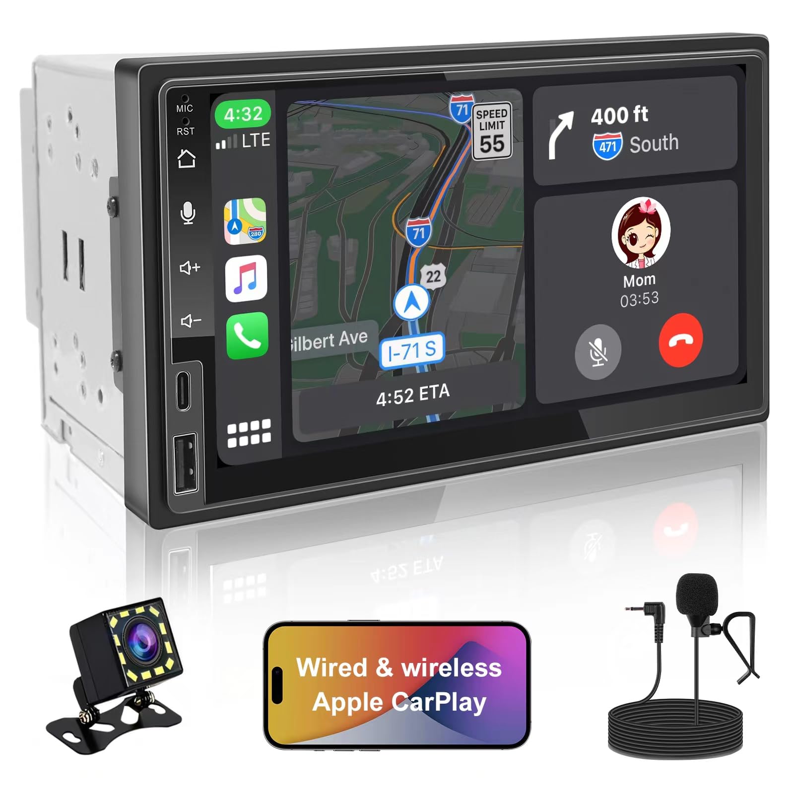 Double Din Car Stereo Wireless CarPlay Wireless Android Auto, 7 in 2+32G Android Touchscreen Car Radio Audio Receiver with Bluetooth/WiFi, Rearview Camera,AM/FM, Type C Fast Charge, USB/SWC/AUX
