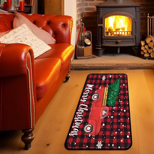 Miniatura 3 de Giyimgaf Alfombras de camino de camión rojo de Navidad, alfombras lavables para árbol de Navidad, 20 x 40 pulgadas, antideslizantes, copos de nieve,