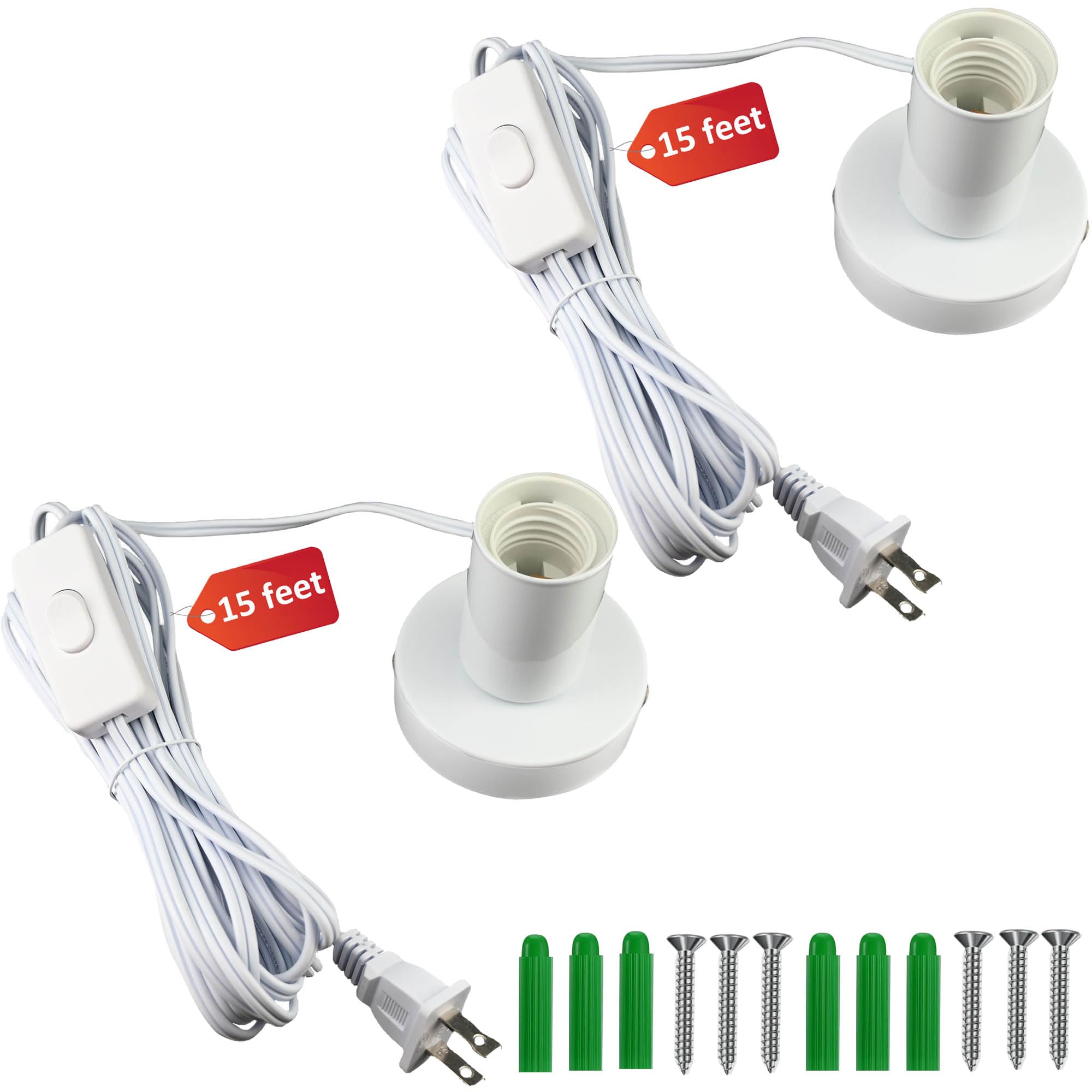 atiyoc White Metal E26/E27 Screw Light Socket with 15FT Extension Cord, Hanging Light Cord for Garage,80MM Small Table Lamp Base Ceiling Bulb Holder,