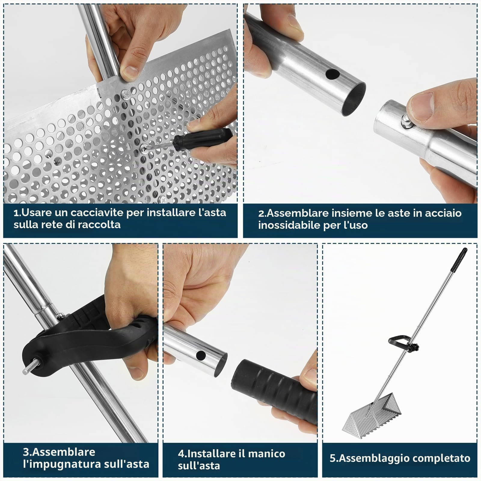 Rastrello per sabbia in acciaio inox, resistente, 173 cm, regolabile, setaccio per sabbia da spiaggia con denti, cestino staccabile, impugnatura ergonomica, facile da montare, pala per granchio di