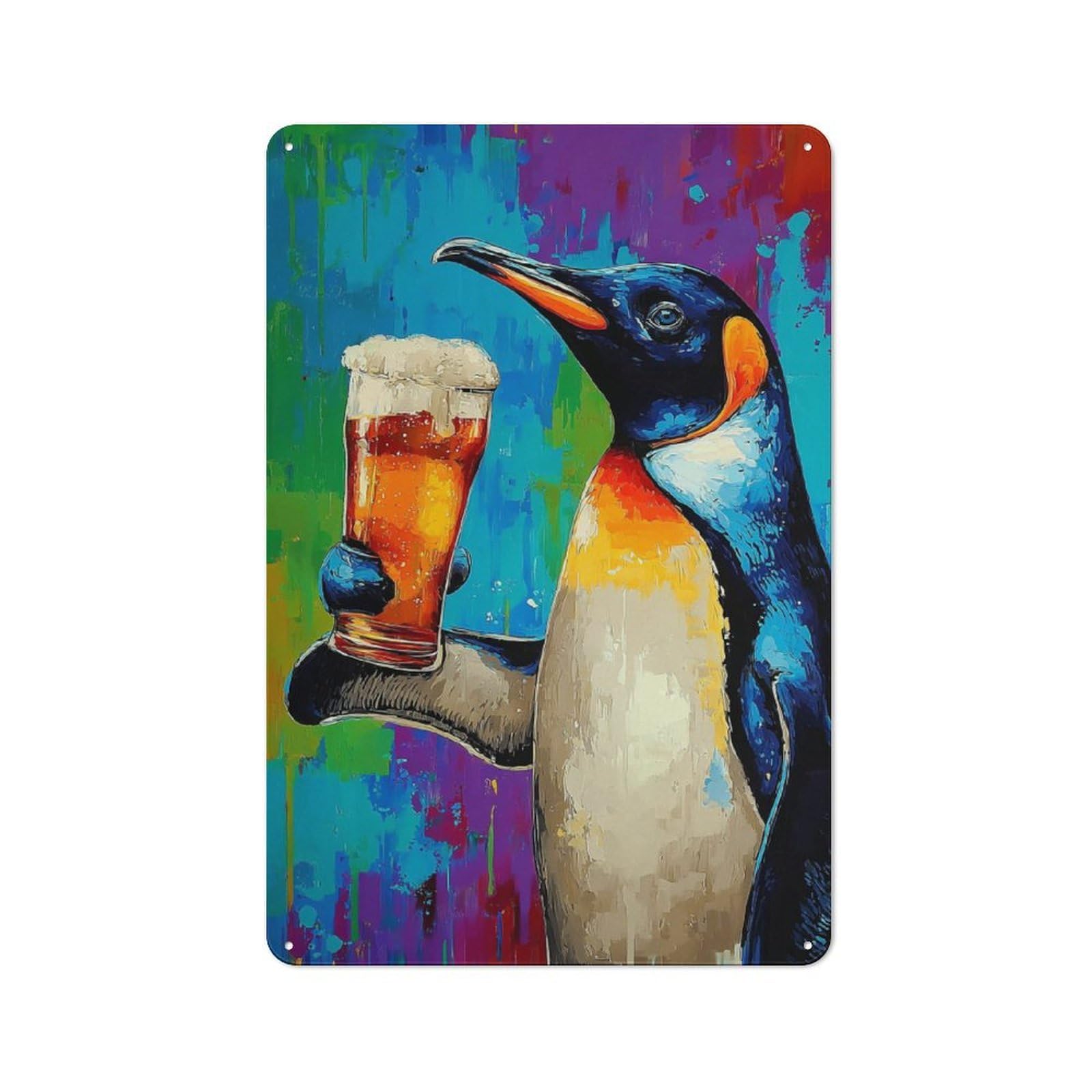 Junmoney Penguin With Beer Tin Sign With Design 30X20cm, Vintage Workshop Wall Decor For Tool Room, Garage, Studio Or Home Bar