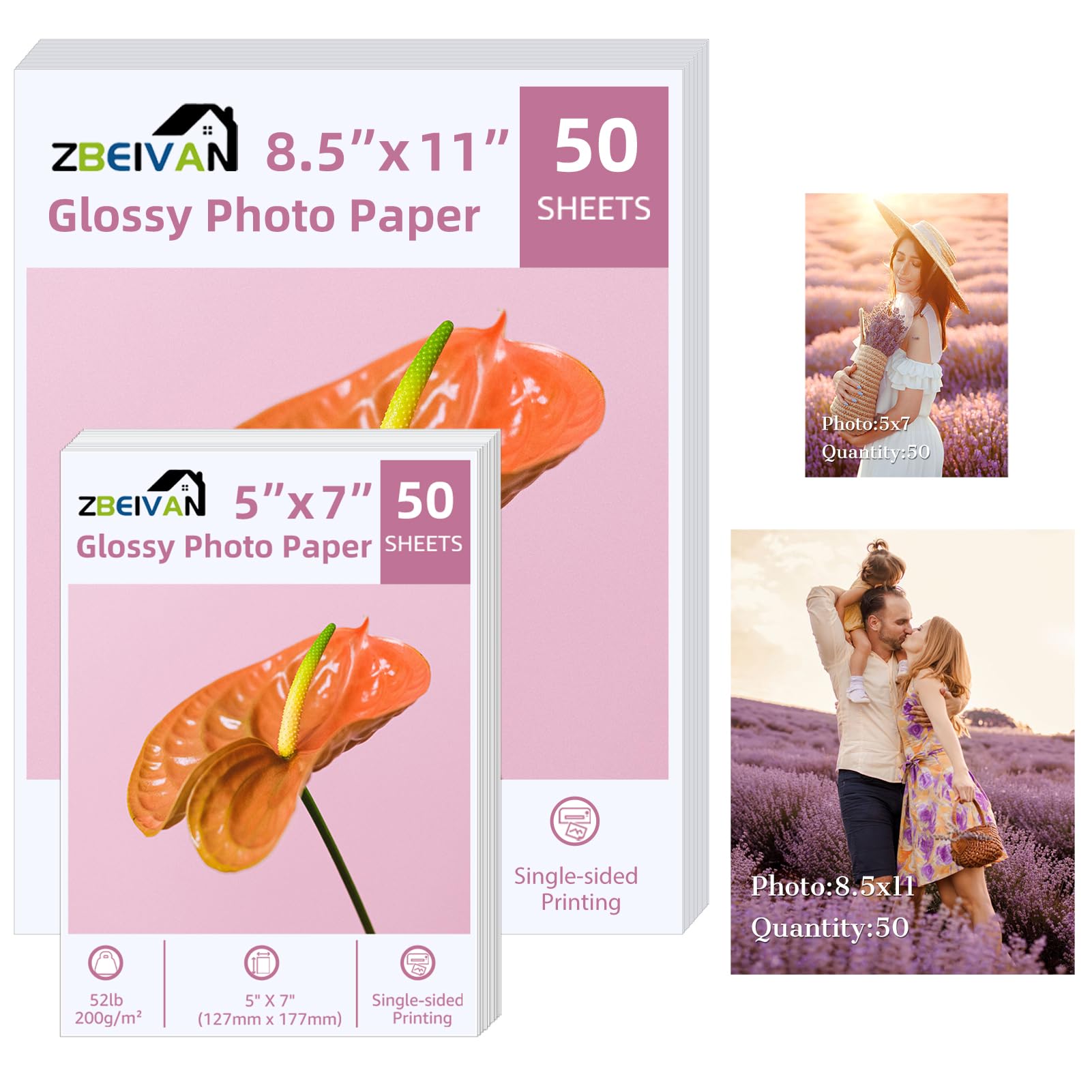 ZBEIVAN Photo Paper 5x7, 8.5x11 inch, Glossy Photo Papers 100 Sheets, 200 GSM Paper for Printer (50 Sheets of each size 5x7, 8.5x11)