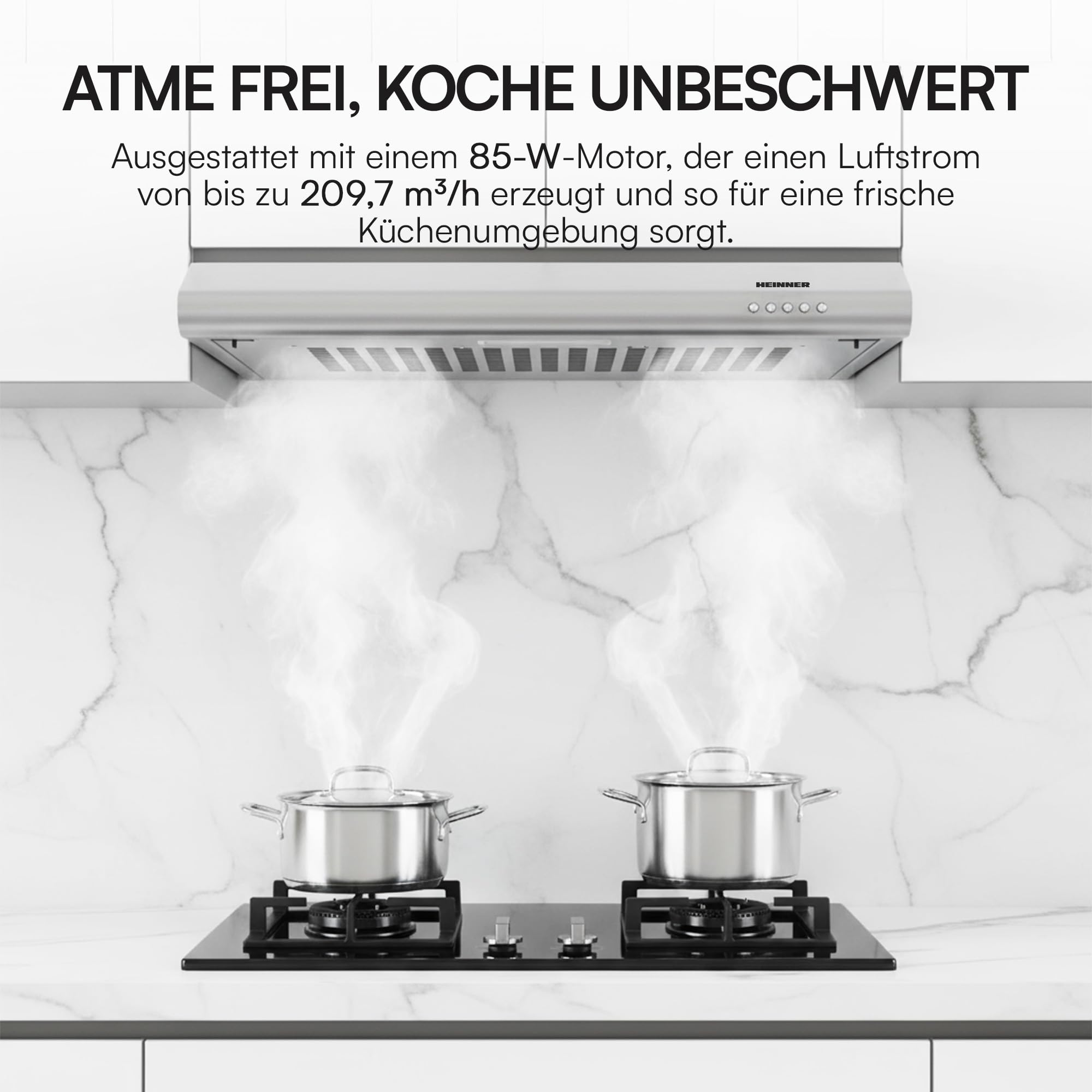 CH-201WH 60cm Edelstahl Unterschrank Dunstabzugshaube - 209,7 m³/h Absaugung, 3-Gang-Steuerung, LED-Licht, Aluminiumfilter, 5 Jahre Garantie (Silber)