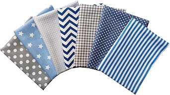 7pcs Cotton Quilting Fabric, Blue Grey Fat Quarter Bundles Printed Patchwork Squares Polka Dot Wave Striped Gingham Fabric for Sewing DIY Crafts, 18 x 22 inches