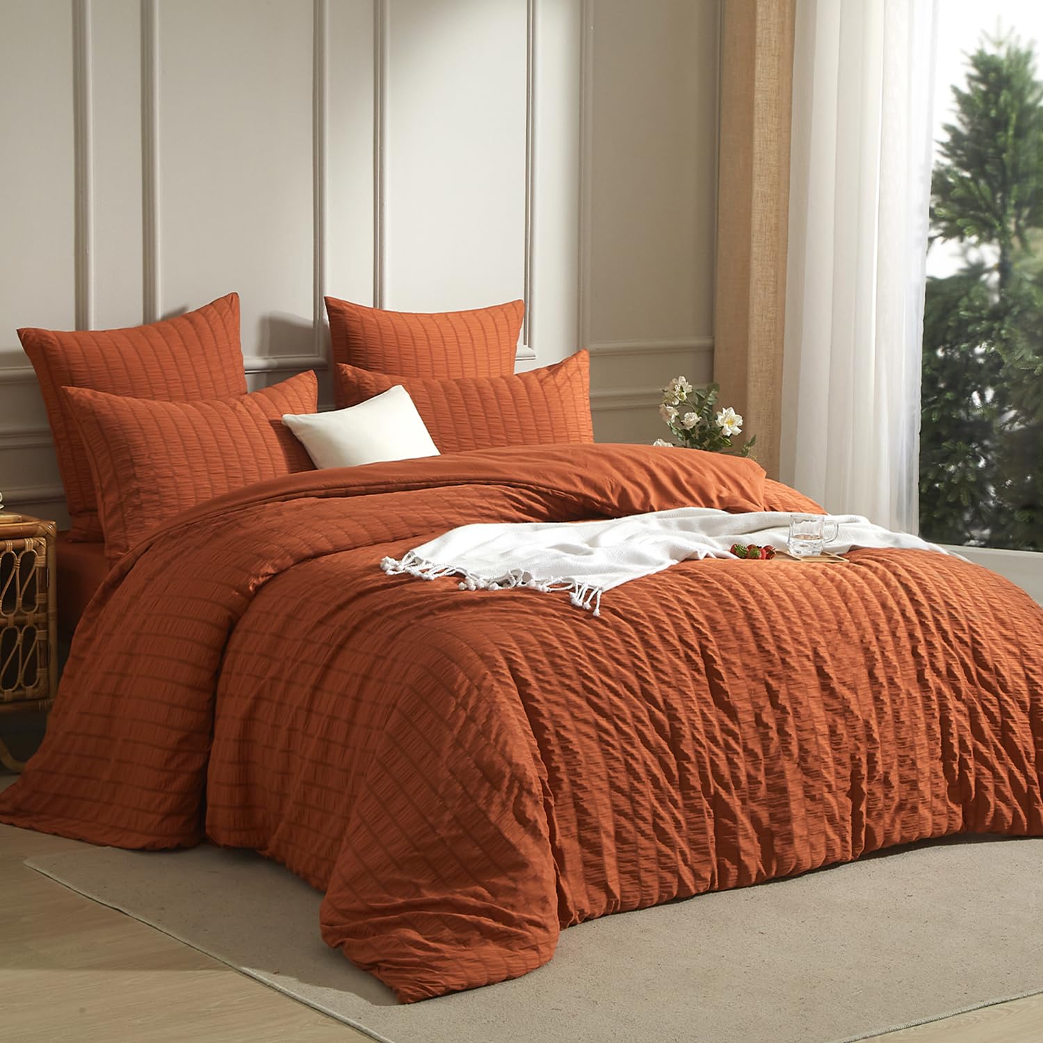Housse de couette 220x240 caramel unie en microfibre seersucker avec ses 2 taies d'oreiller