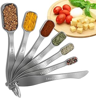 Stainless Steel Measuring Spoons, Premium Heavy Duty Metric Small Tablespoon 7-piece set：1/8 tsp, 1/4 tsp, 1/2 tsp, 3/4 tsp, 1 tsp & 1 tbsp-for Dry or Liquid, Fits in Spice Jar, Including Leveler