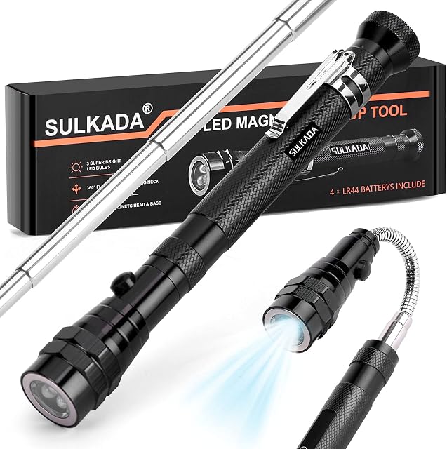 SULKADA LED Magnetic Telescoping Pick up Tool with LED Light, Fathers Day Gifts Ideas Flexible Neck,Stocking Suffer Gifts for Men/Dad/Women