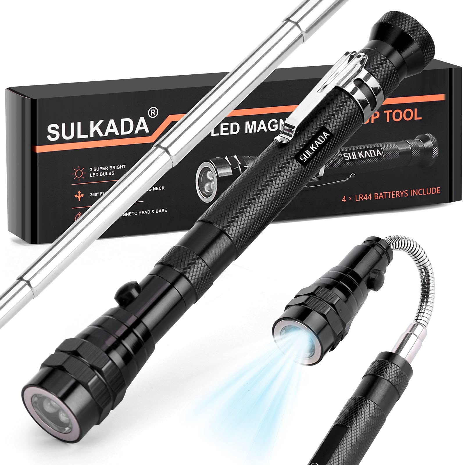 SULKADA LED Magnetic Telescoping Pickup Tool – 360° Flexible Neck, Extends To 22.5 Inches, Great Gift Idea