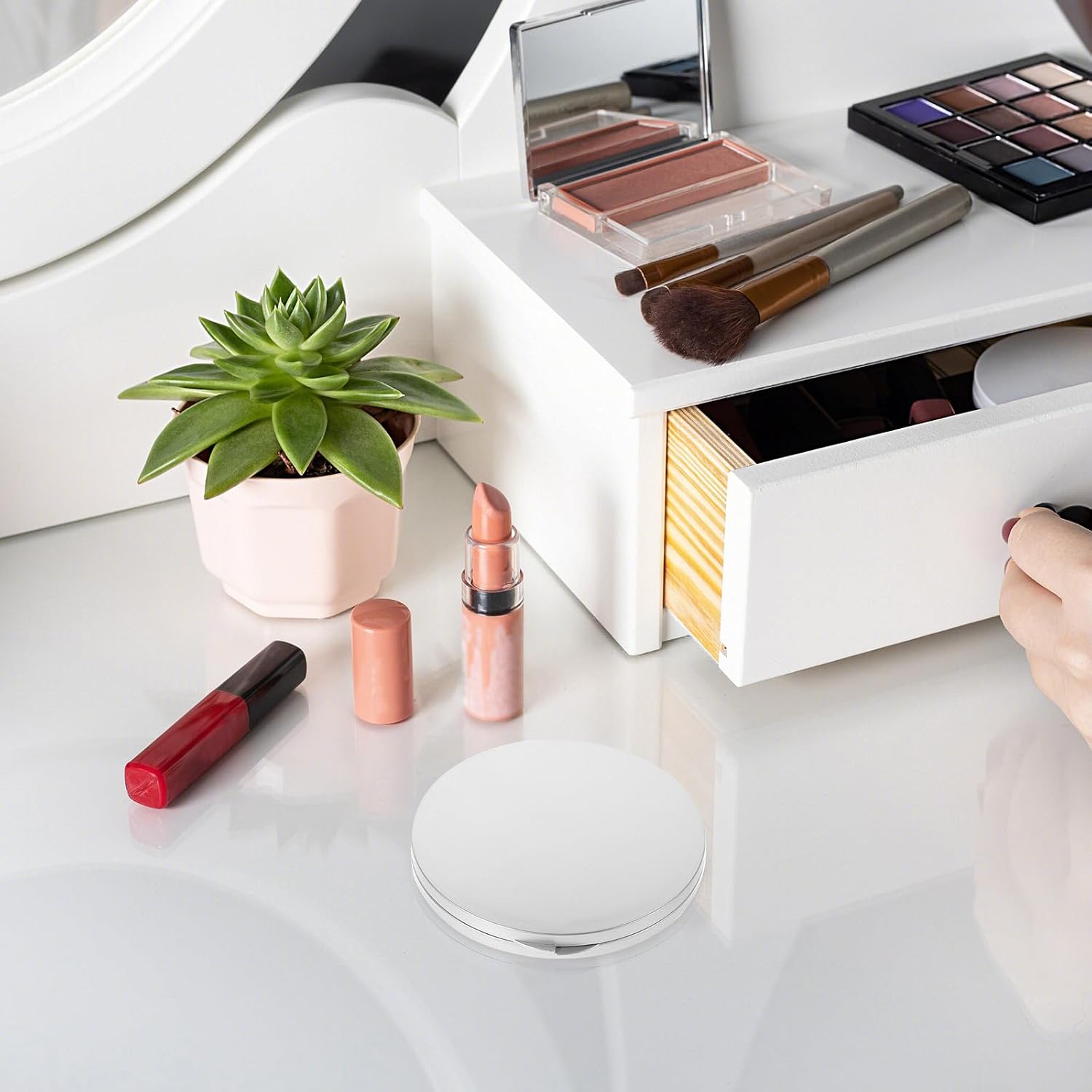 BETOOKY Foldable Mini Round Makeup Mirror 82mm Double-Sided Magnifying Compact Mirror Silver 5X Magnification for Personal Beauty