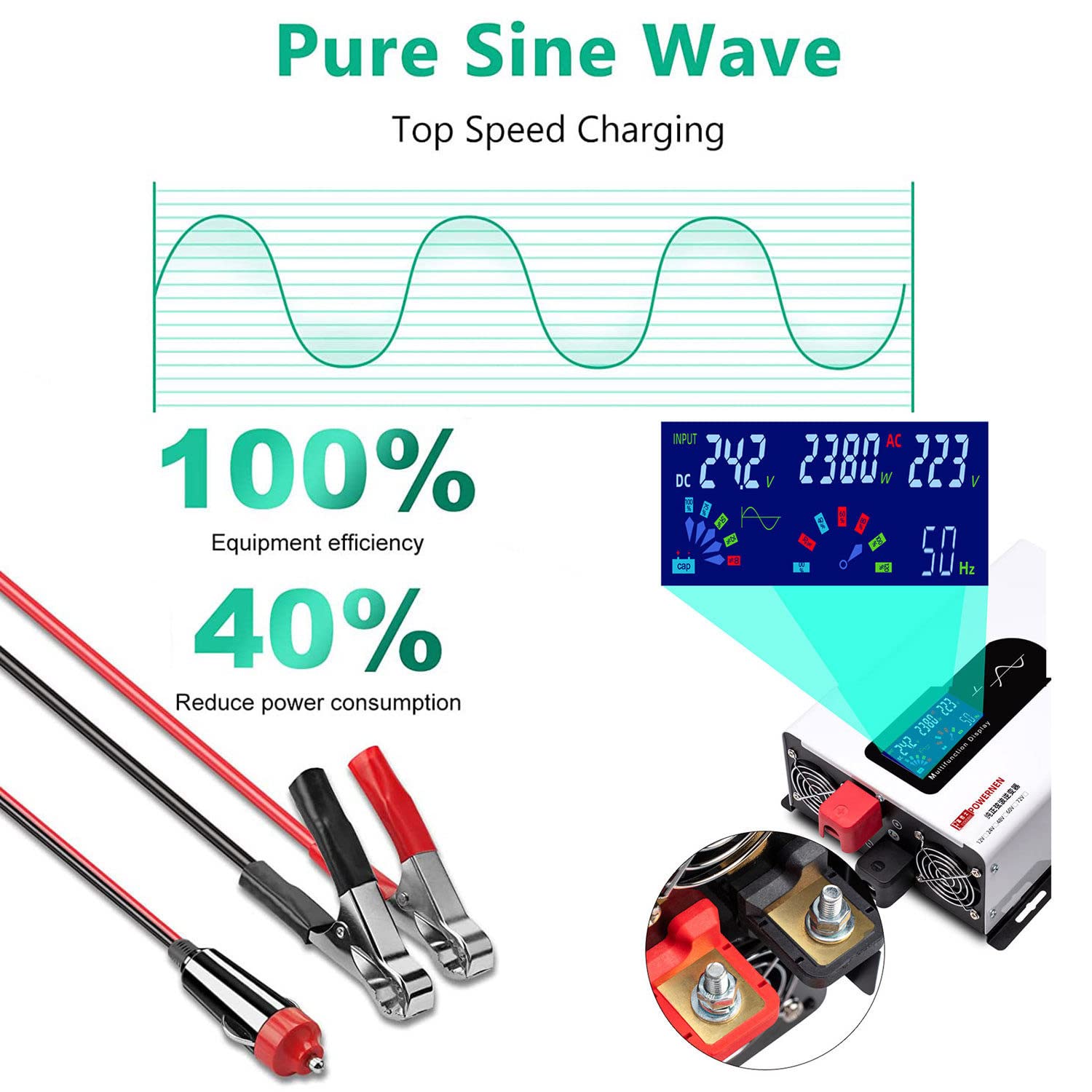 Convertitore di Tensione 7000W 8000W 9000W 10000W 12000W 15000W 20000W DC 48V 60V 72V a 230V AC Inverter a Onda sinusoidale Pura Convertitore di Corrente con Presa e Display LCD,10000W-48V