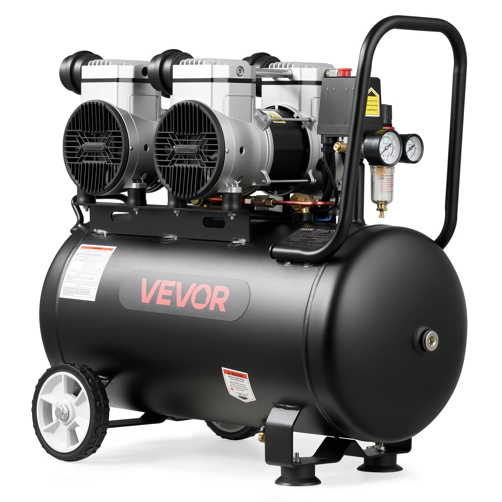 VEVOR Compressore d'Aria 50 L, 3 kW (4HP), Senza Olio, Portata 255 L/min, Pressione Massima 8 Bar, Compatto e con Ruote, per Officina, Gonfiaggio Pneumatici, Verniciatura e Lavorazione del Legno