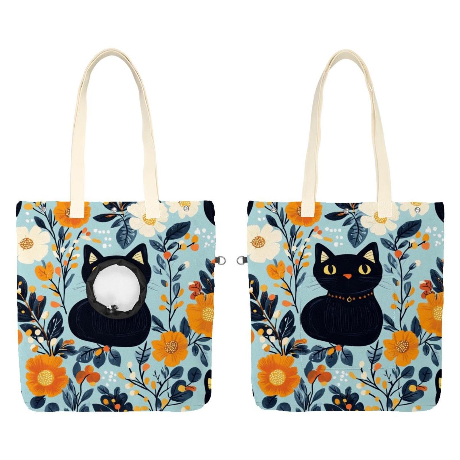 Bolsa de lona para mascotas pequeñas, transportín de hombro con diseño de gatos negros
