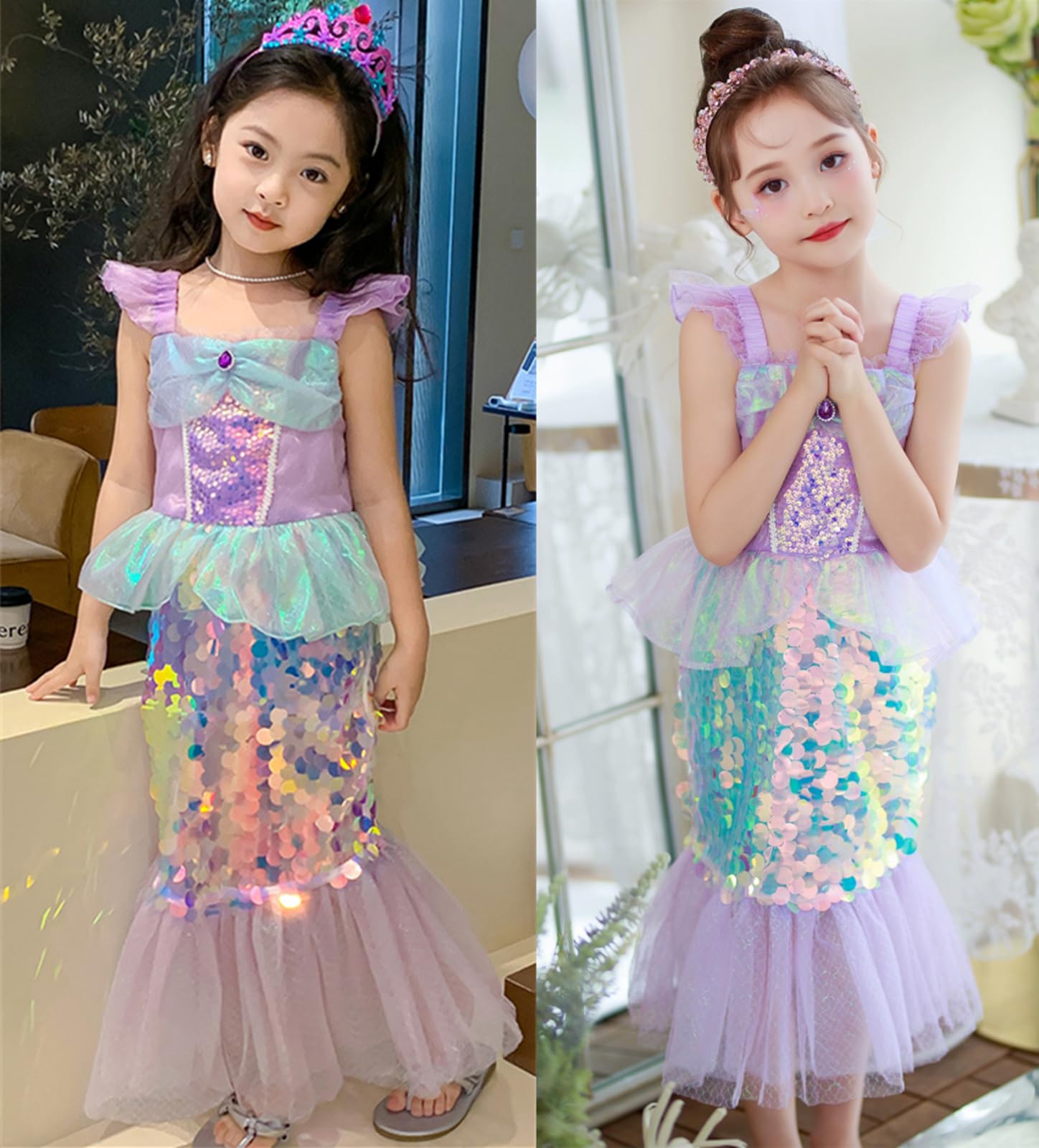 Costume Petite Sirène Ariel Avec Perruque Et Accessoires - Robe Princesse Sirène Pour Fille Anniversaire Halloween