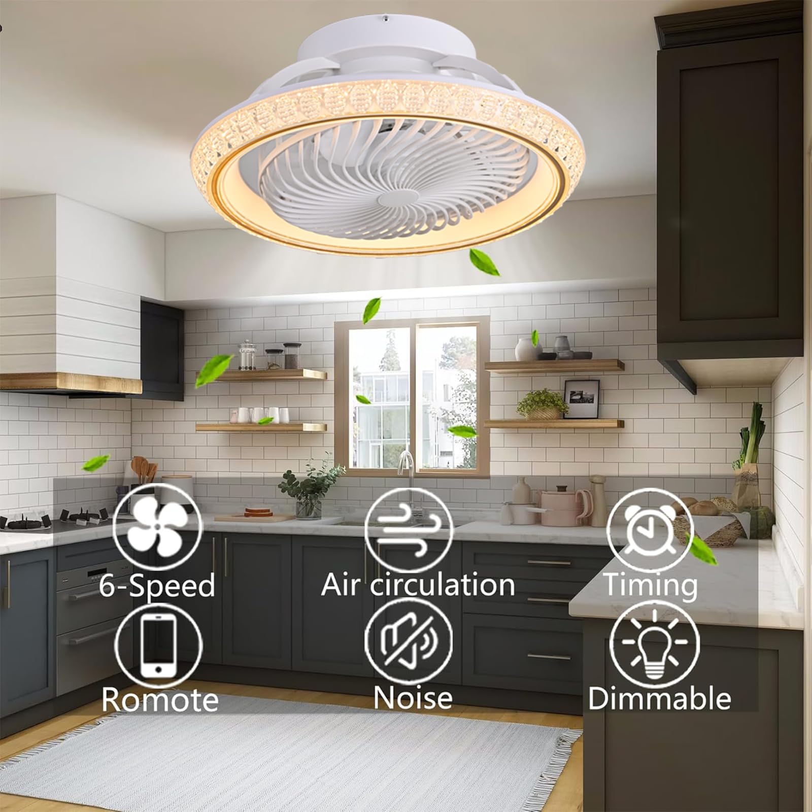 Ventilateur Plafond 49cm avec Lumiere et Télécommande, Silencieux, Rotatif 360°, 6 Vitesses, Dimmable LED 3000-6500K