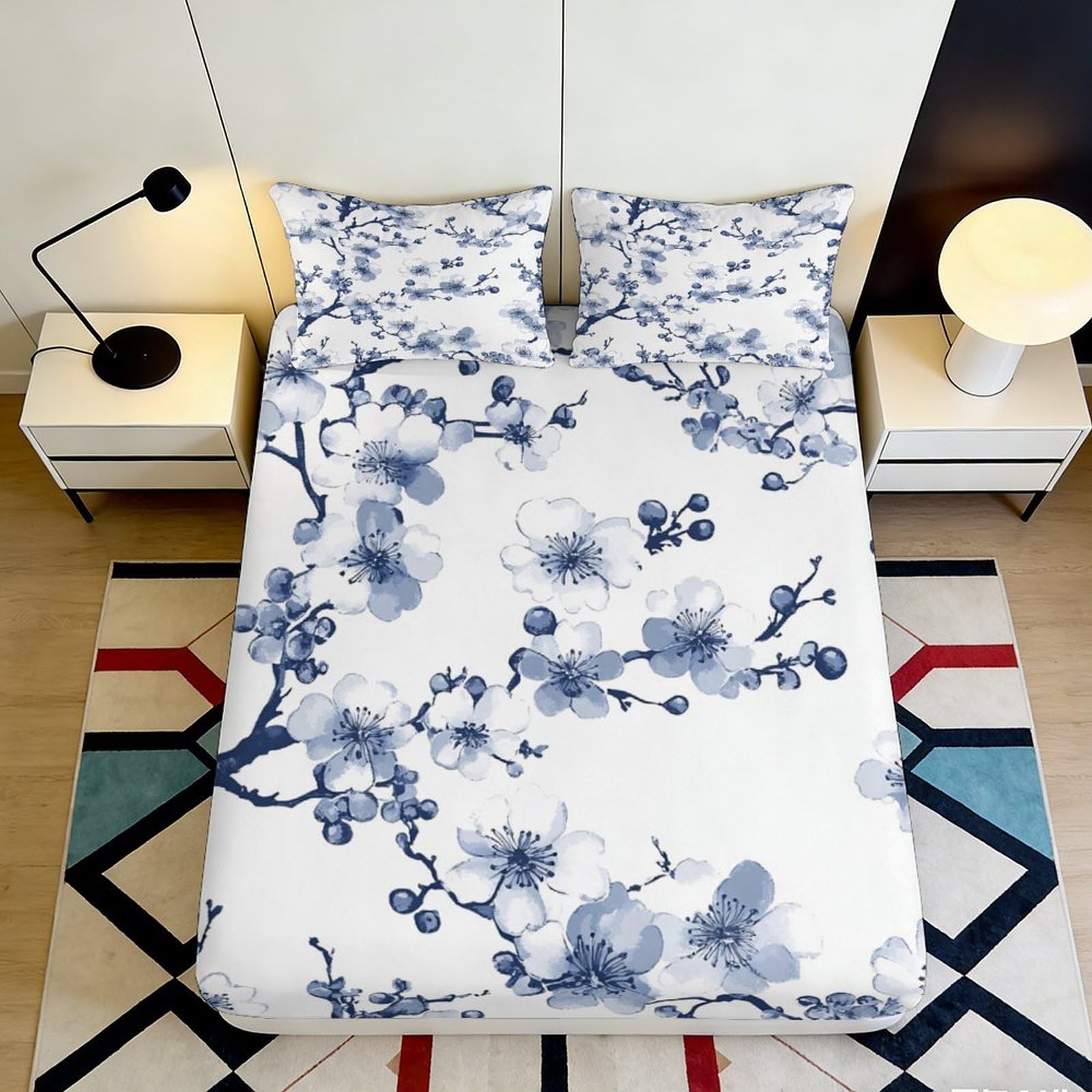 3D Printed Blue Plum Blossom Fitted Sheet Microfiber Soft Mattress Cover for Bedroom Guest Room Dorm Decor 120x200cm 180x200x25cm