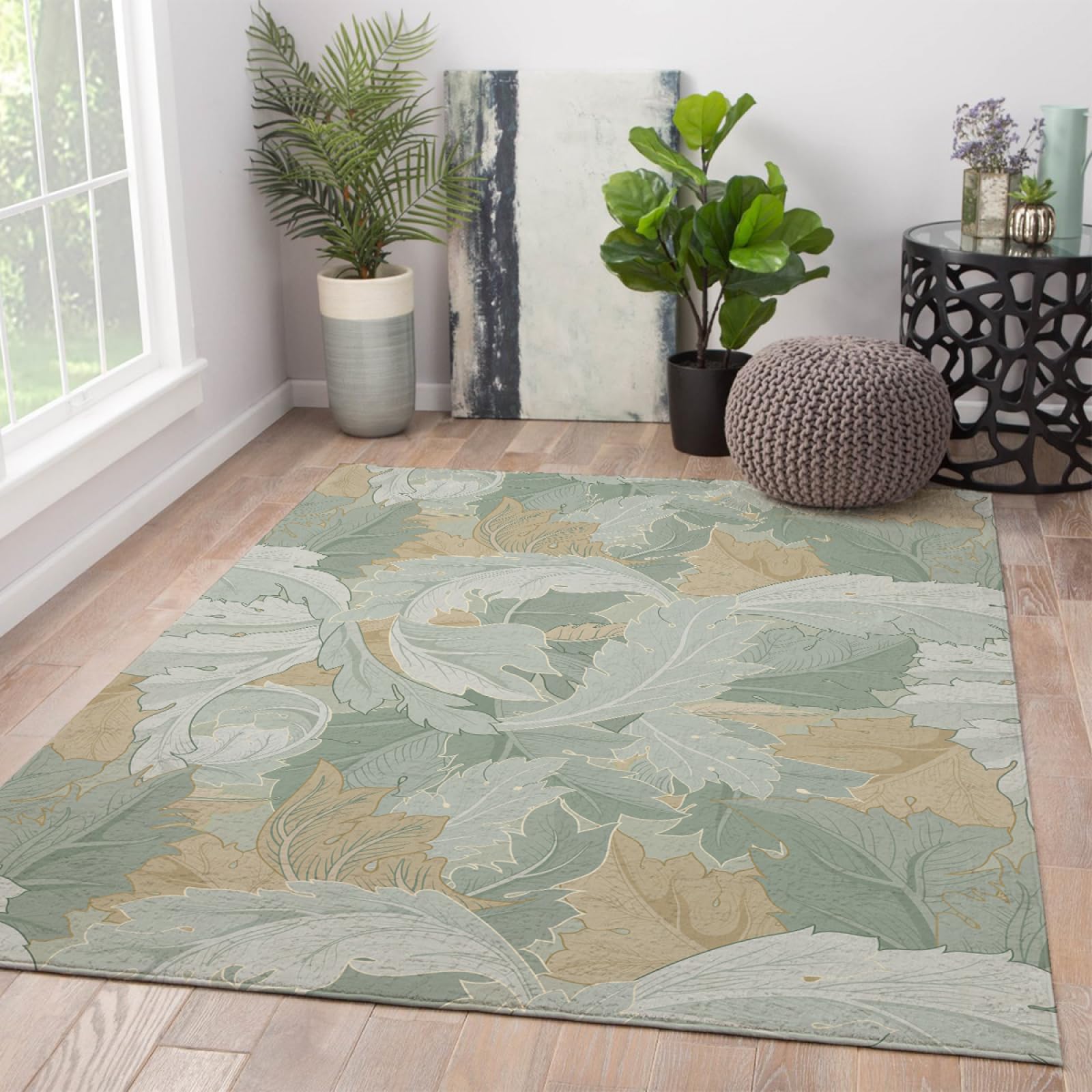 Tapis plante feuilles Morris style boho lavable pour chambre et entrée 150x210cm