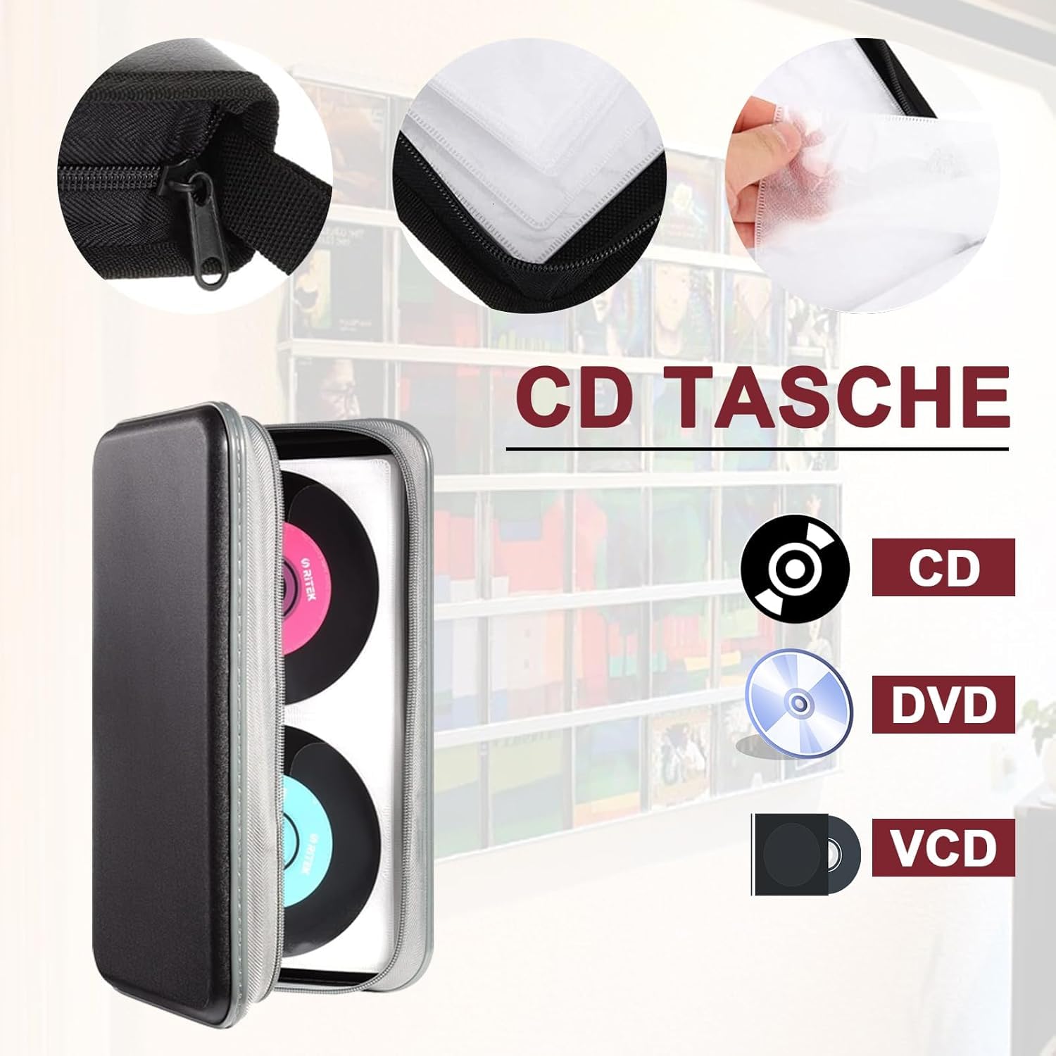 Sac CD, sac de rangement pour disques CD DVD, sac de rangement pour CD pour la maison et les automobiles pouvant contenir 80 disques en noir.