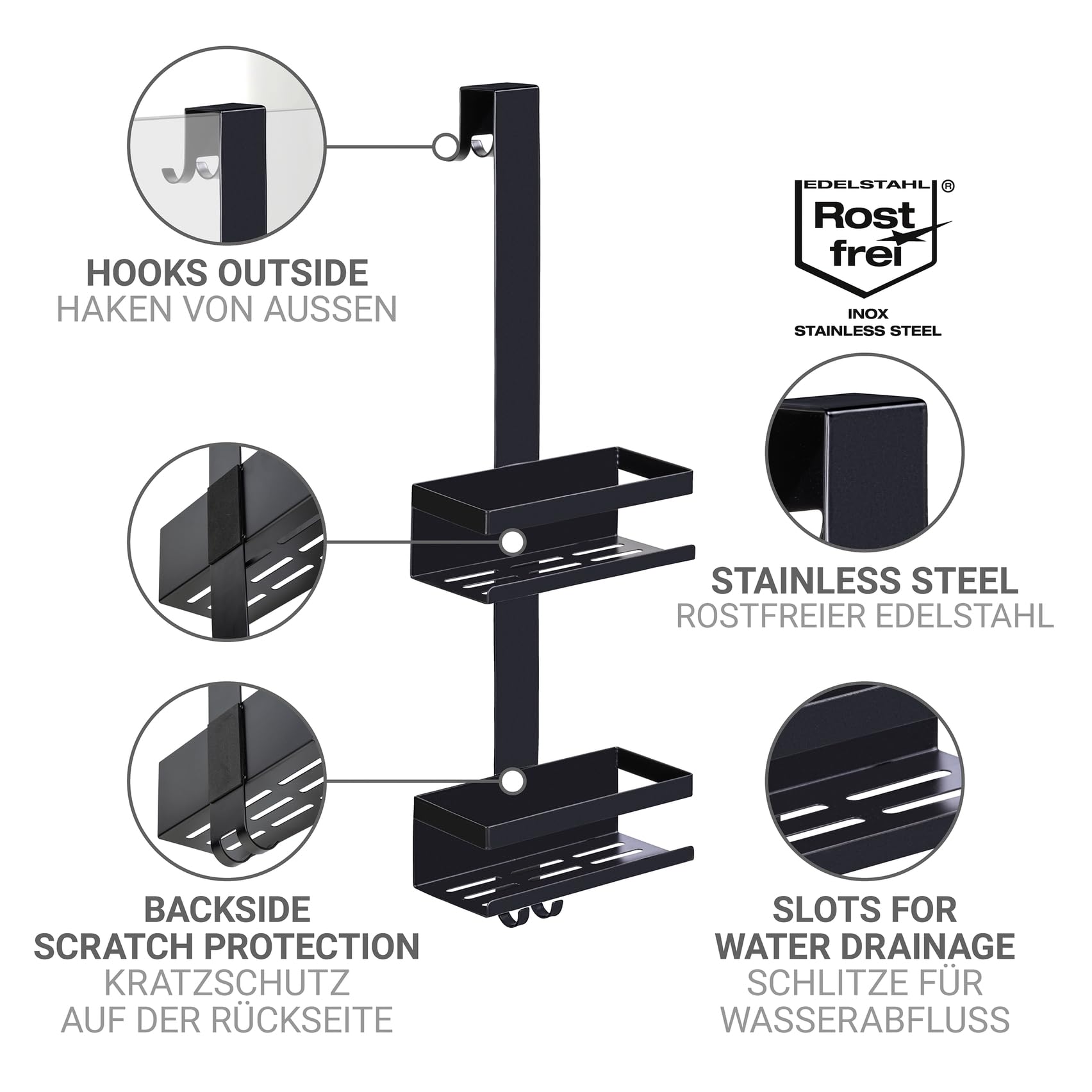 Chariot de douche Mod. Bribano Uno, noir, acier inoxydable, 23x44,5x18 cm accrocher sans percer