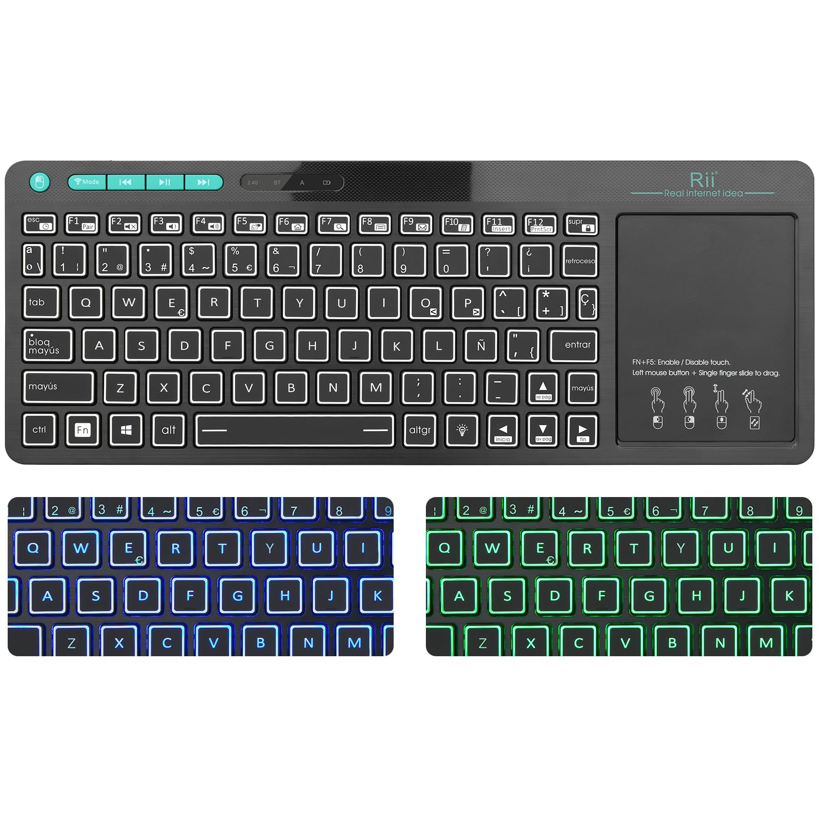 Rii RT518S Teclado Multimedia Inalámbrico y Bluetooth con retroiluminación de 2 Leds y Multi-Touch de Gran tamaño, Teclado Recargable para, PC, Portátil, Tablets, Smart TV, Windows, MacOS, Linux