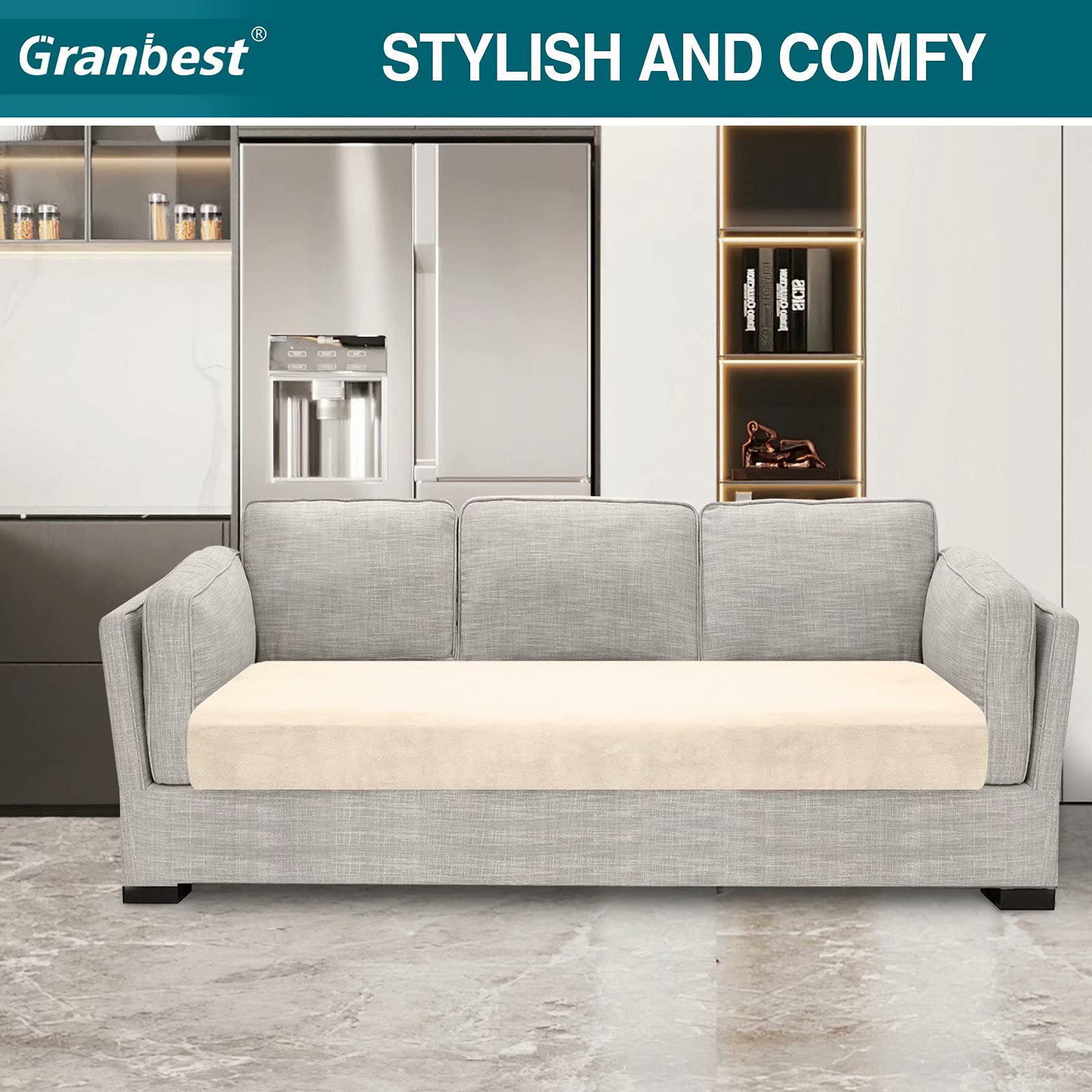 Granbest Luxurious Velvet High Stretch Sofa Cushion Cover Plush Super Soft Sofa Cushion Cover Replacement Fitted Washable Sofa Cushion Covers Furniture Protector Seat Cushion Cover (3 Seater - Image 2