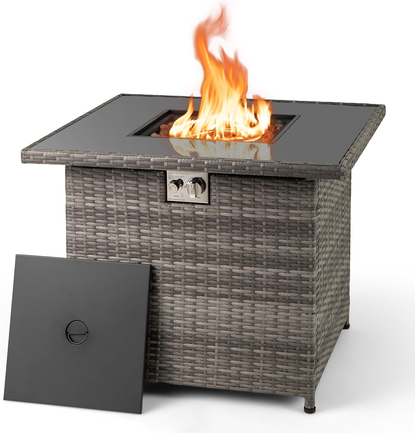 Tangkula 32.5 Inch Propane Fire Pit Table, Outdoor Rattan Gas Firepit with Tempered Glass Tabletop & Stainless Steel Burner, Square Fire Pit with Lava Rocks & Protective Cover for Outside Patio