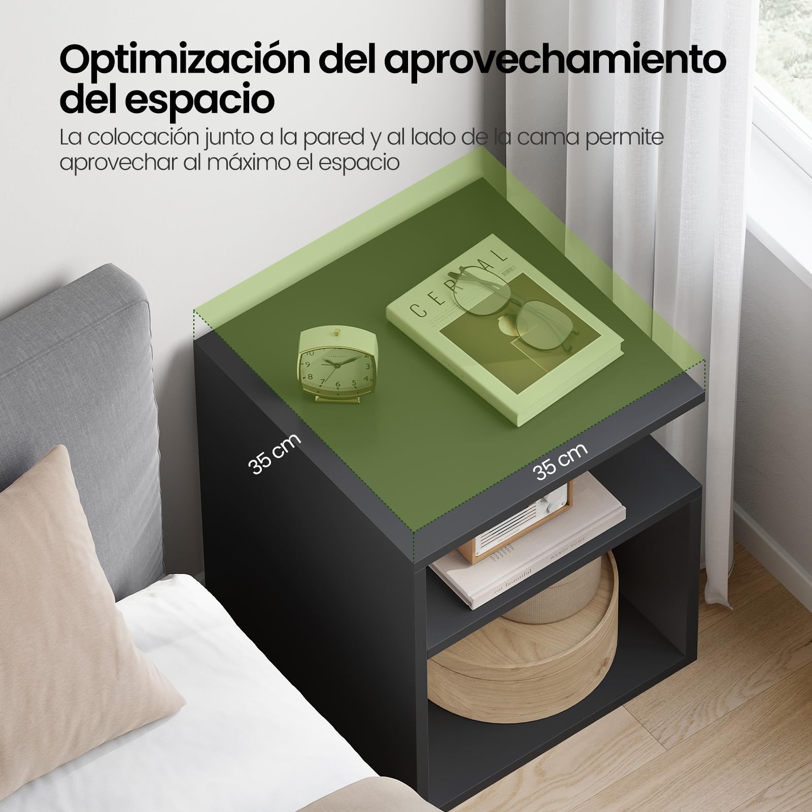 EUGAD Mesita de Noche Pequeña Negra con Compartimentos Abiertos, 35x35x41,5 cm, Mesilla Moderna para Dormitorio Pequeño, Cama y Sofá Salón, 0006CTG