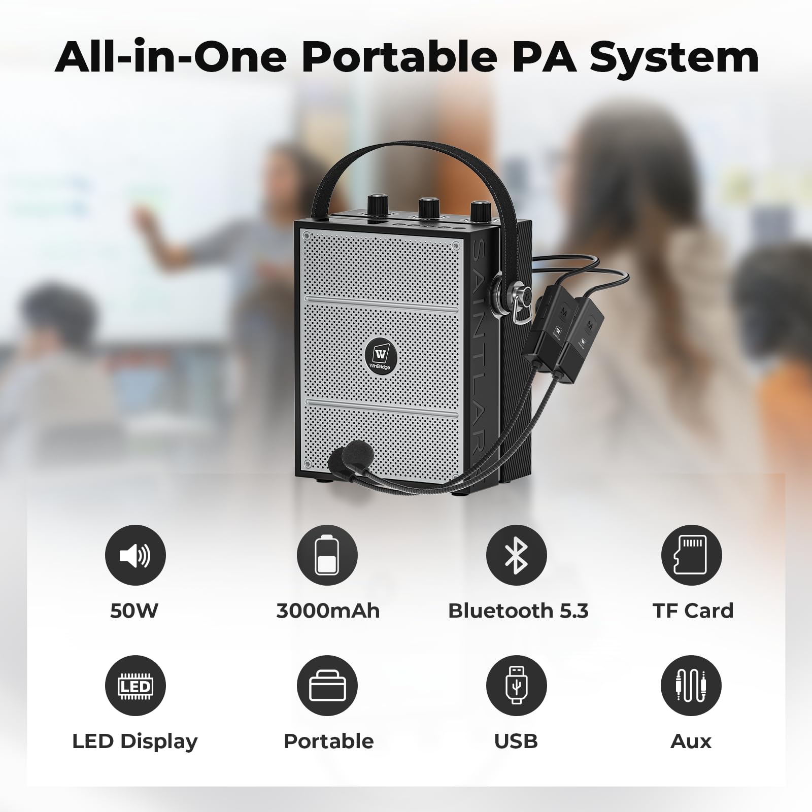 50 W Sprachverstärker mit 2 Headset-Mikrofonen, Mikrofon mit Lautsprecher, tragbares Soundsystem mit Mikrofon, Bluetooth-Lautsprecher, Megafon für Lehrer, Klassenzimmer, Outdoor