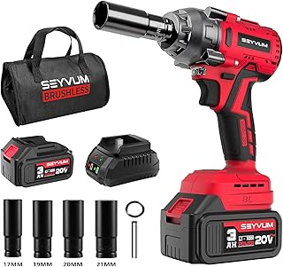 SEYVUM Impact Wrench,1/2" Impact Gun, Power Impact Driver Max Torque 320 Ft-lbs (430N.m), Cordless Impact Wrench with 20V Brushless Motor, 3.0Ah Li-ion Battery with Fast Charger, 4 Pcs Impact Sockets