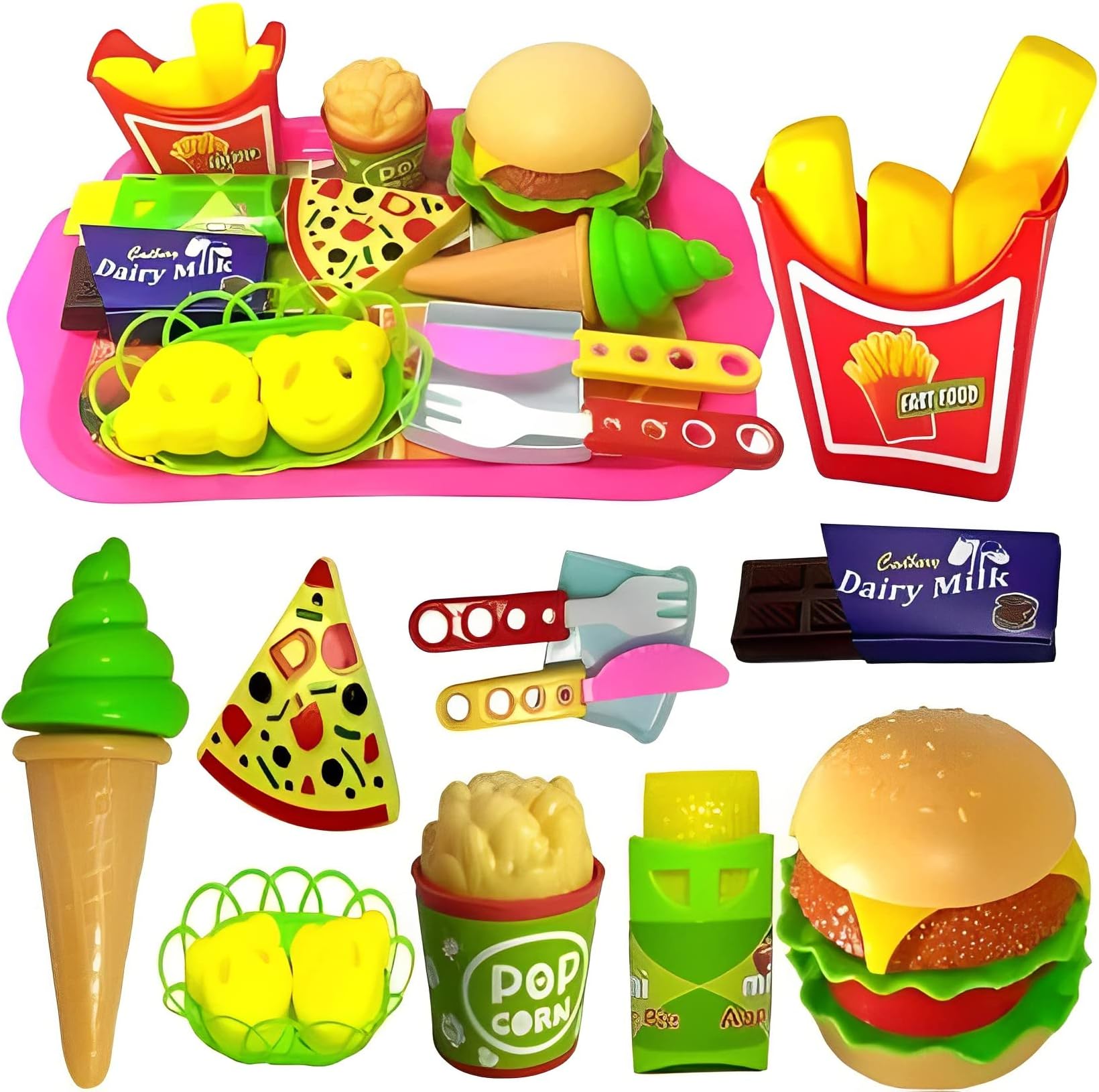 18 pcs Play Fast Food Set Pretend Play Barger Fries and ice Cream with Trey Food Toy | Best Gifts Food playset for Boys Girls Kids- Multicolor 4 Years and up