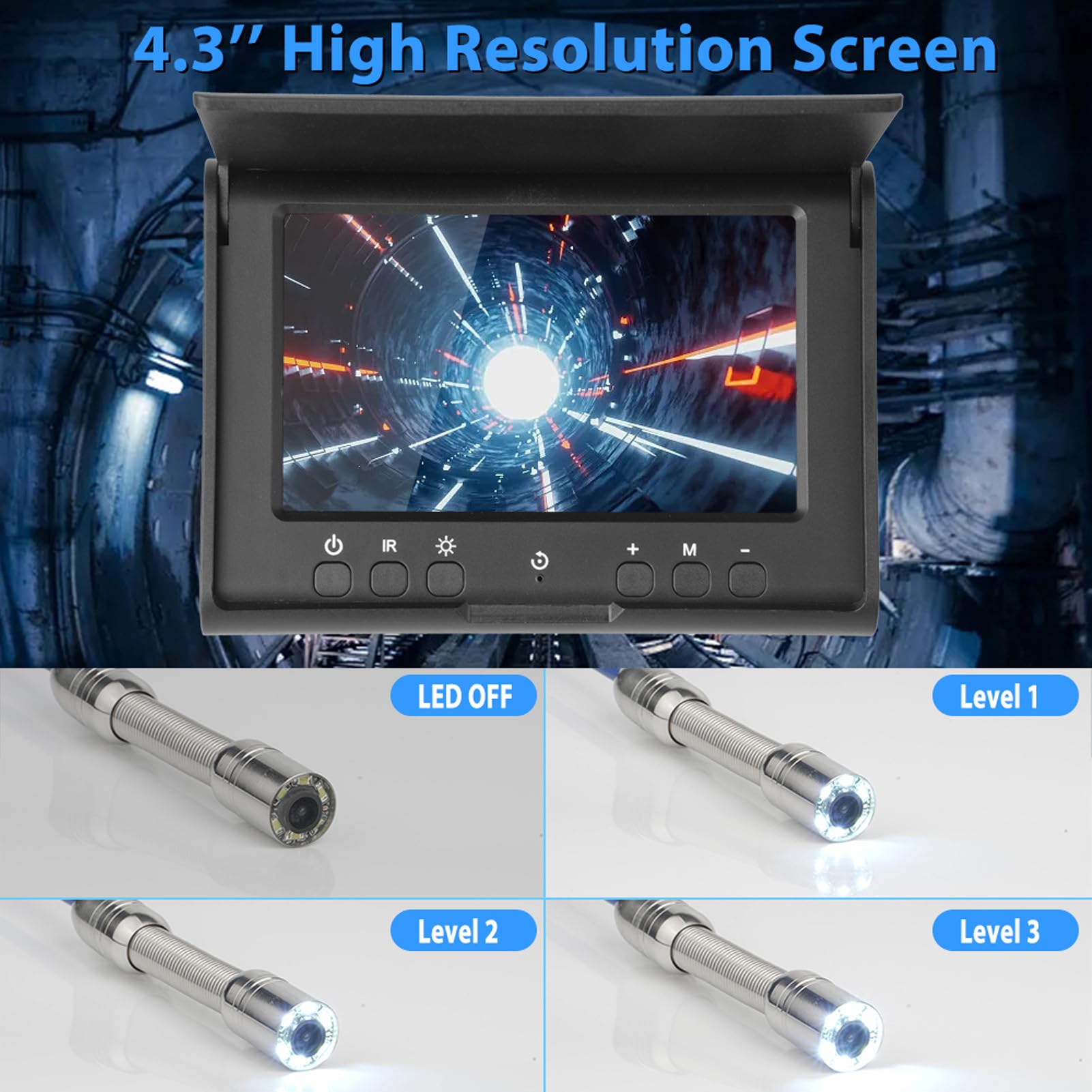 Cocoarm Kamera do Inspekcji Kanalizacji z DVR, 50M 18mm 1080P Kamera do Inspekcji Rur IP68 Wodoszczelna 4,3-calowy Ekran 6 Regulowanych LED 32GB Karta 5000mAh Bateria do Inspekcji Rur