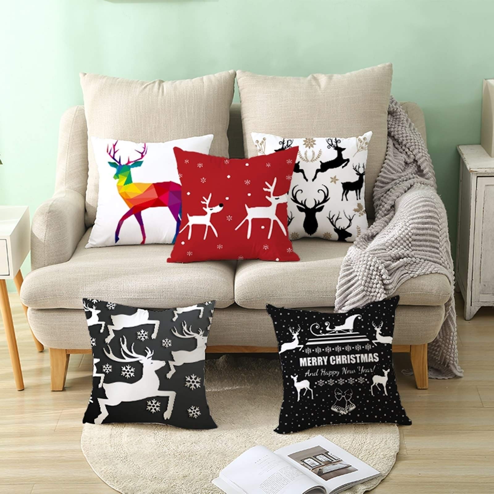 Sofakissen Rot Gemustert, Kissenbezüge Landhausstil Polyester Cushion Cover 50X50cm 1er Set Rot-Weiss Haus-Weihnachtsbaum Winter Home Deko für Sofa Küche, Haushalt & Wohnen