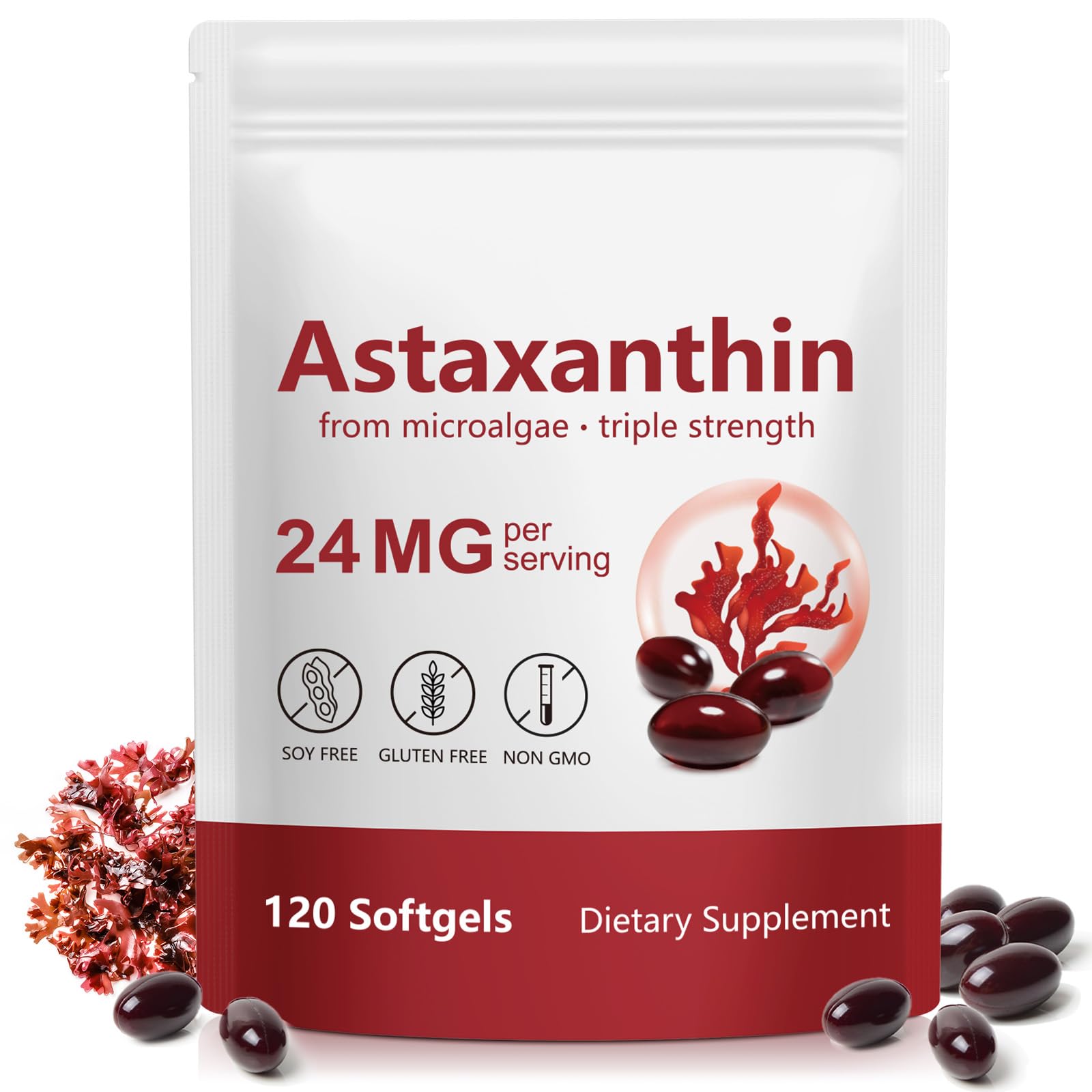 Premium Astaxanthin 24mg 120 Softgels, Natural Astaxanthin Antioxidant Supplement, Supports Eye, Skin, Joint, Brain, Heart & Immune System Health, Fresh Microalgae Source 1 Count (Pack of 120)