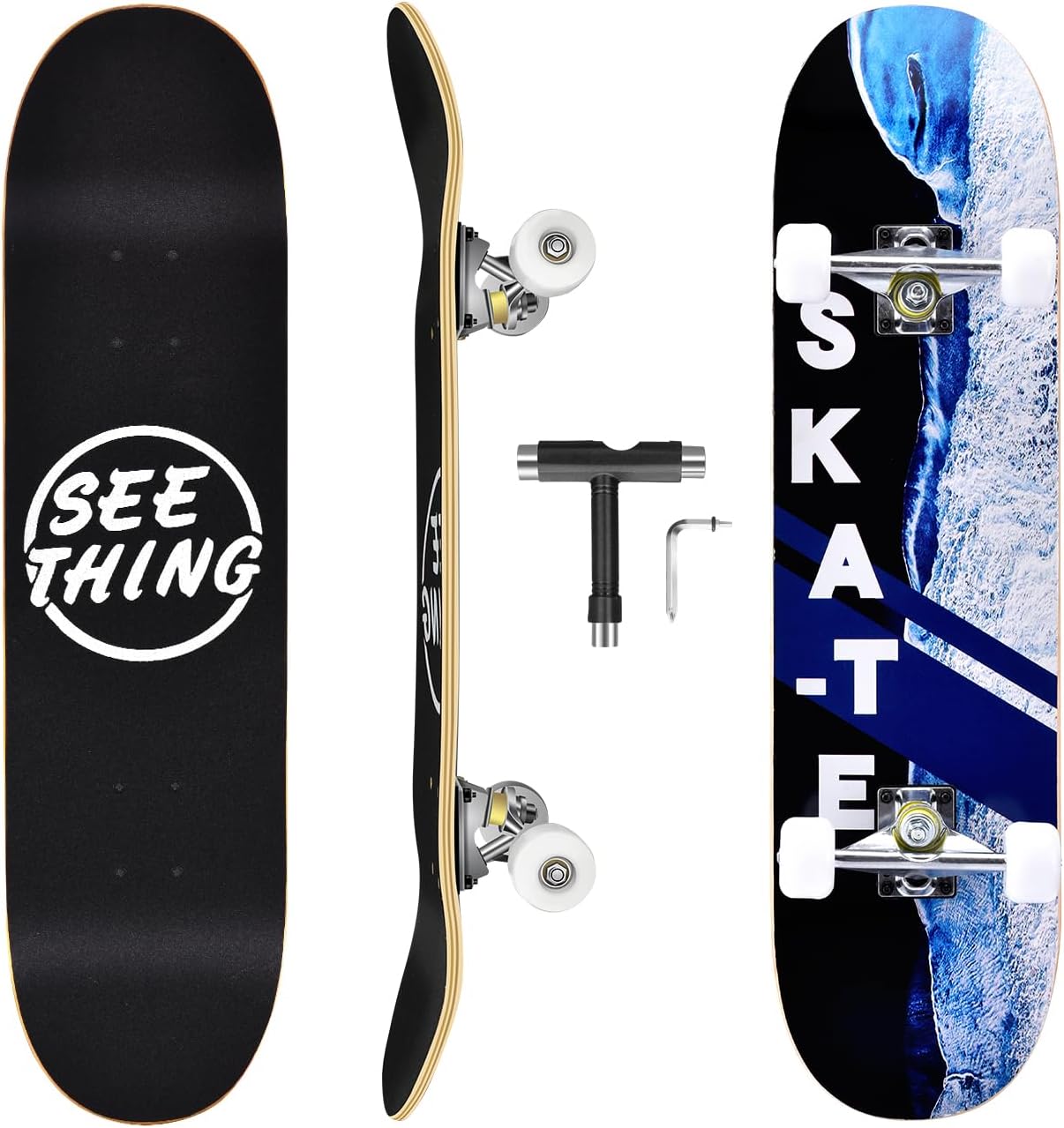 seething 31" Standard Skateboards with Pro Trucks,7 Layer Canadian Maple Double Kick Concave Standard, Ideal for All Experience Levels with Multifunction Skate T-Tool Sea Horizon