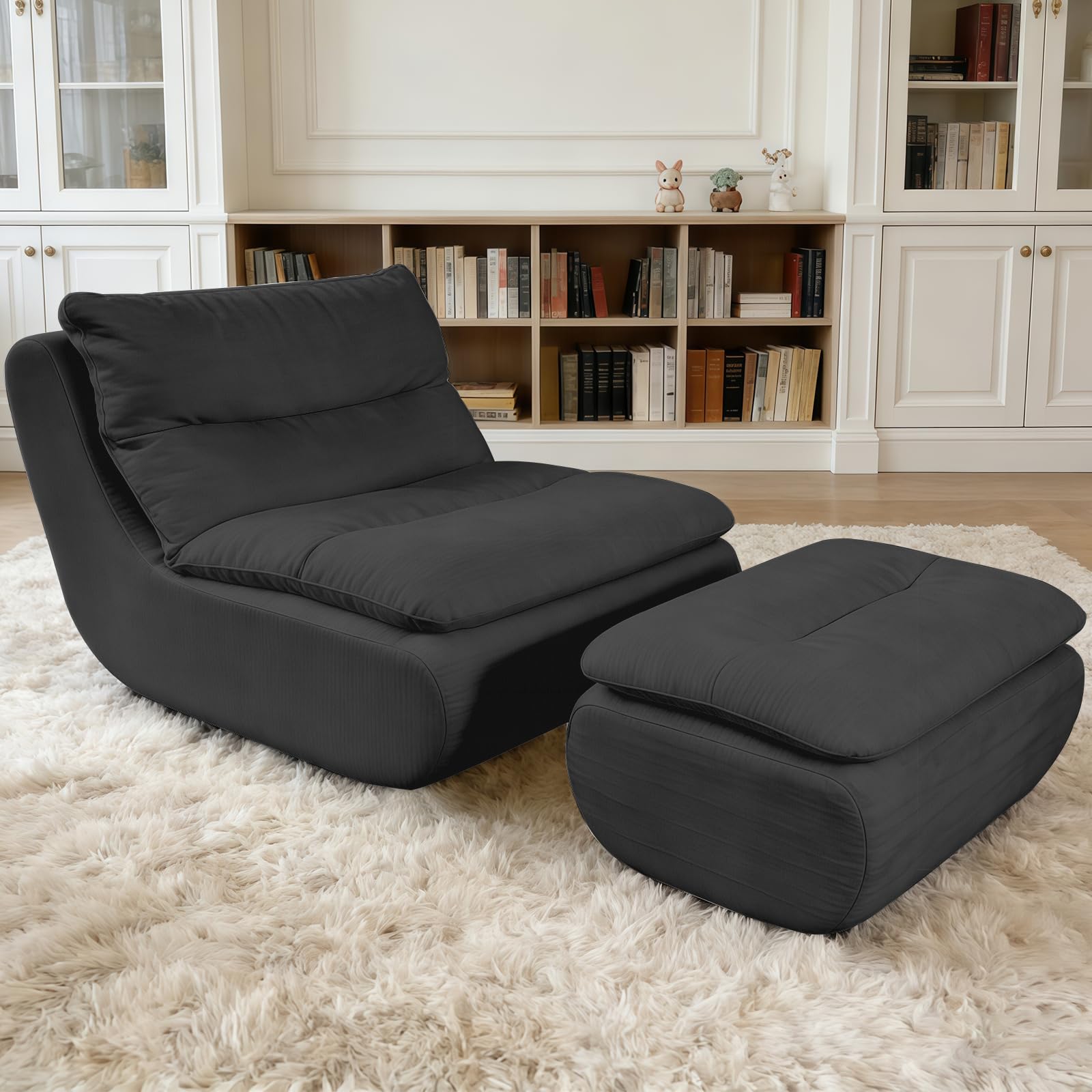WXJHL Big Bean Bag Couch with Ottoman, Large Memory Foam BeanBag Chairs for Adults and Kids, Lazy Floor Sofa for Bedroom Living Room (Black) — image 1