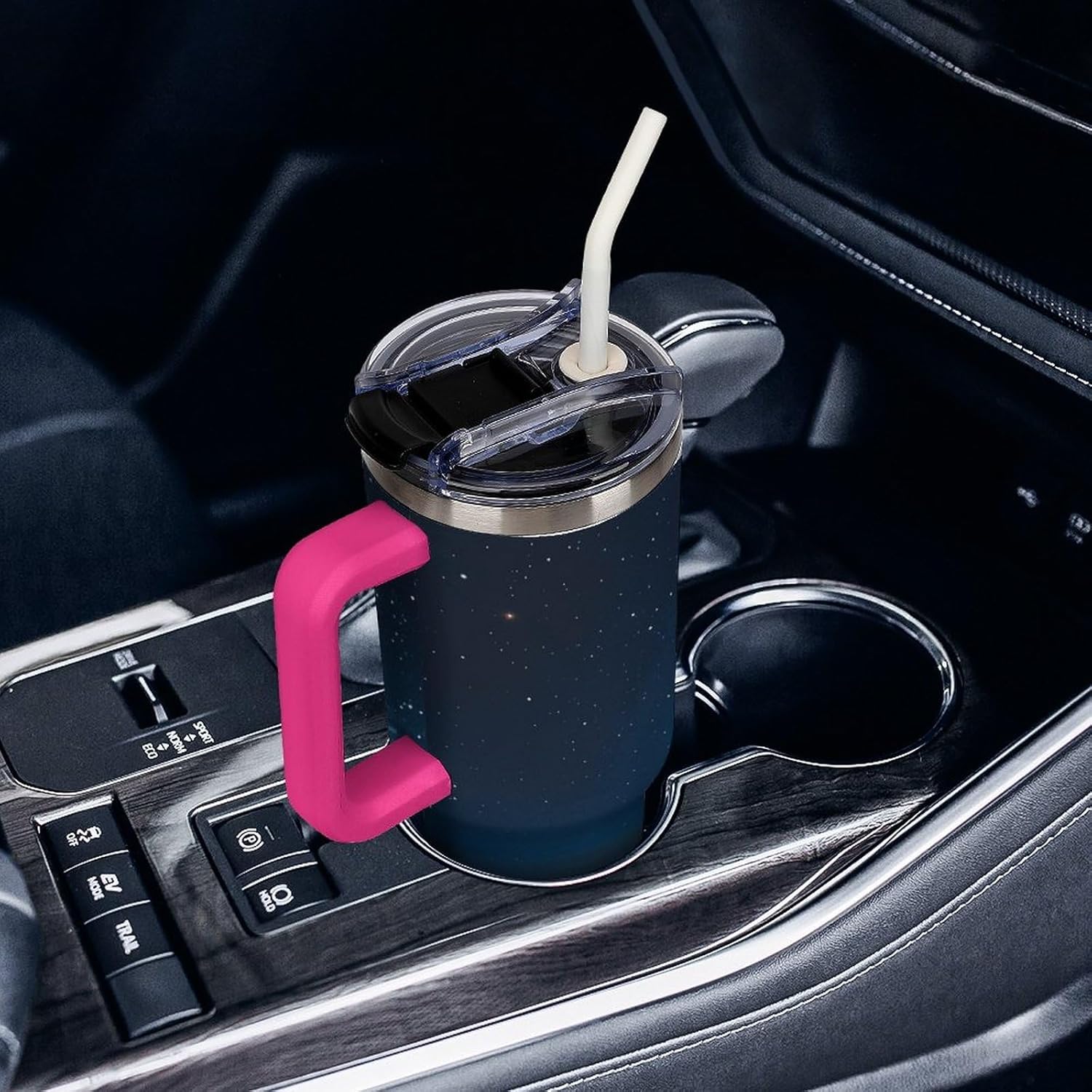 Large Car Cup with Handle&Lid Fashion Lighthouse Under Starry Night Sky Tumbler Sturdy Insulated Water Bottle Stainless Steel Vacuum Travel Mug Portable Coffee Cup for Home Outdoor 40 Oz Light Rose Re