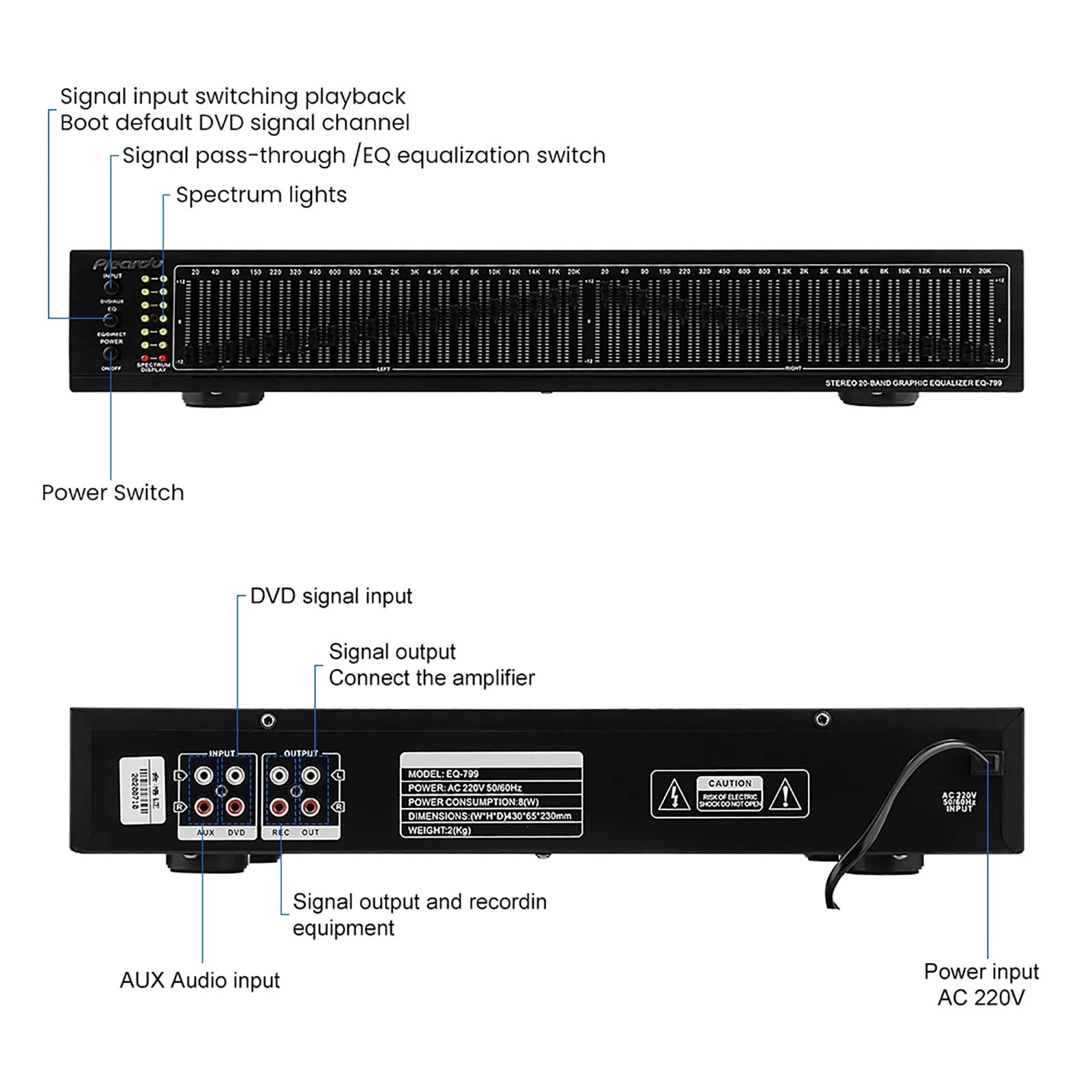 EQ-799 Ecualizador Estéreo Doble De 20 Segmentos, Preamplificador EQ Tono Agudos Medios Graves Ecualizador De 40 Vías Mezclador Equilibrado
