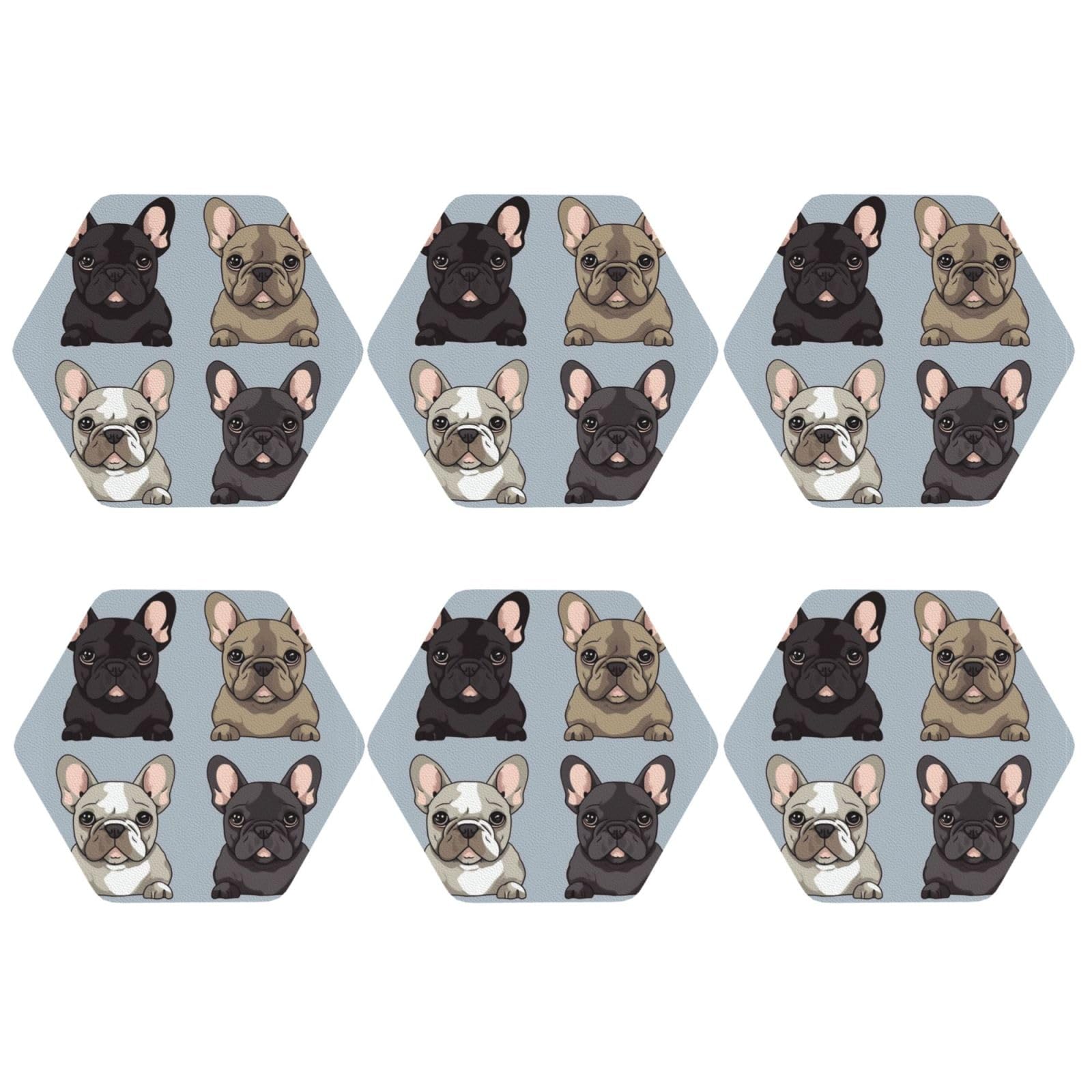6pcs Leather Coasters for Drinks, French Bulldog Drink Coasters for Tabletop Protection, 4" Cup Coasters for Coffee Table Decor, Non-Slip Drinking Cup Mat for Hot Or Cold Drink